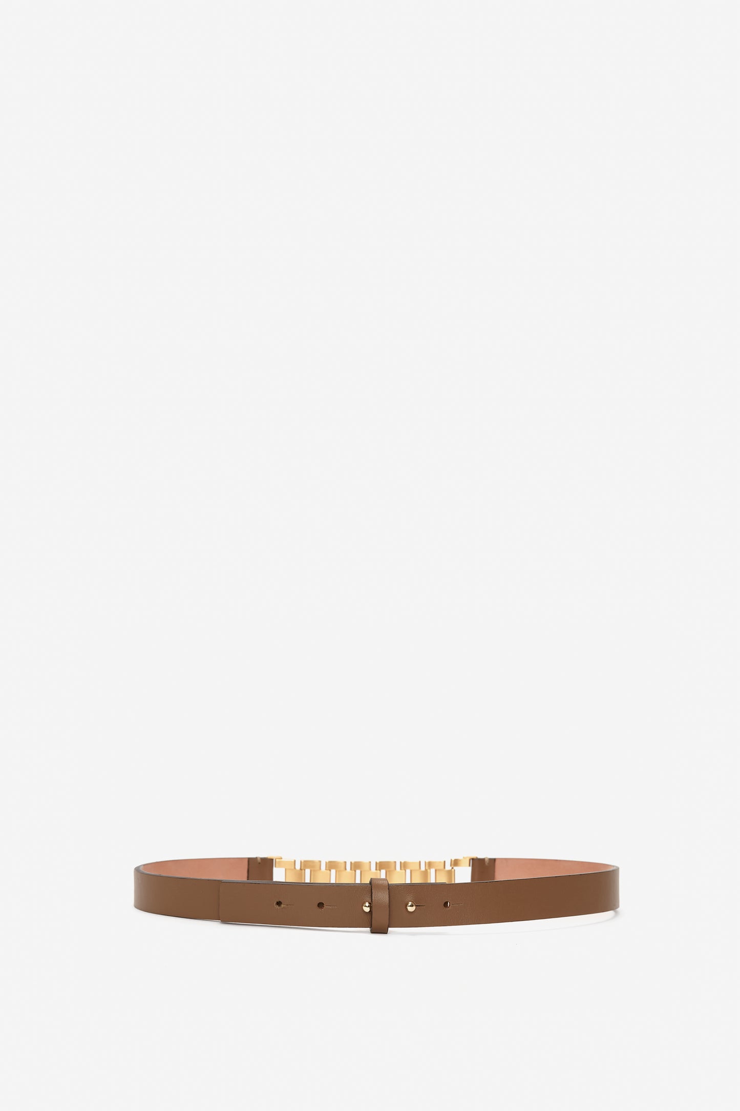 A khaki-brown Watch Strap Detail Belt by Victoria Beckham UK, with a golden, rectangular buckle, displayed against a plain white background.