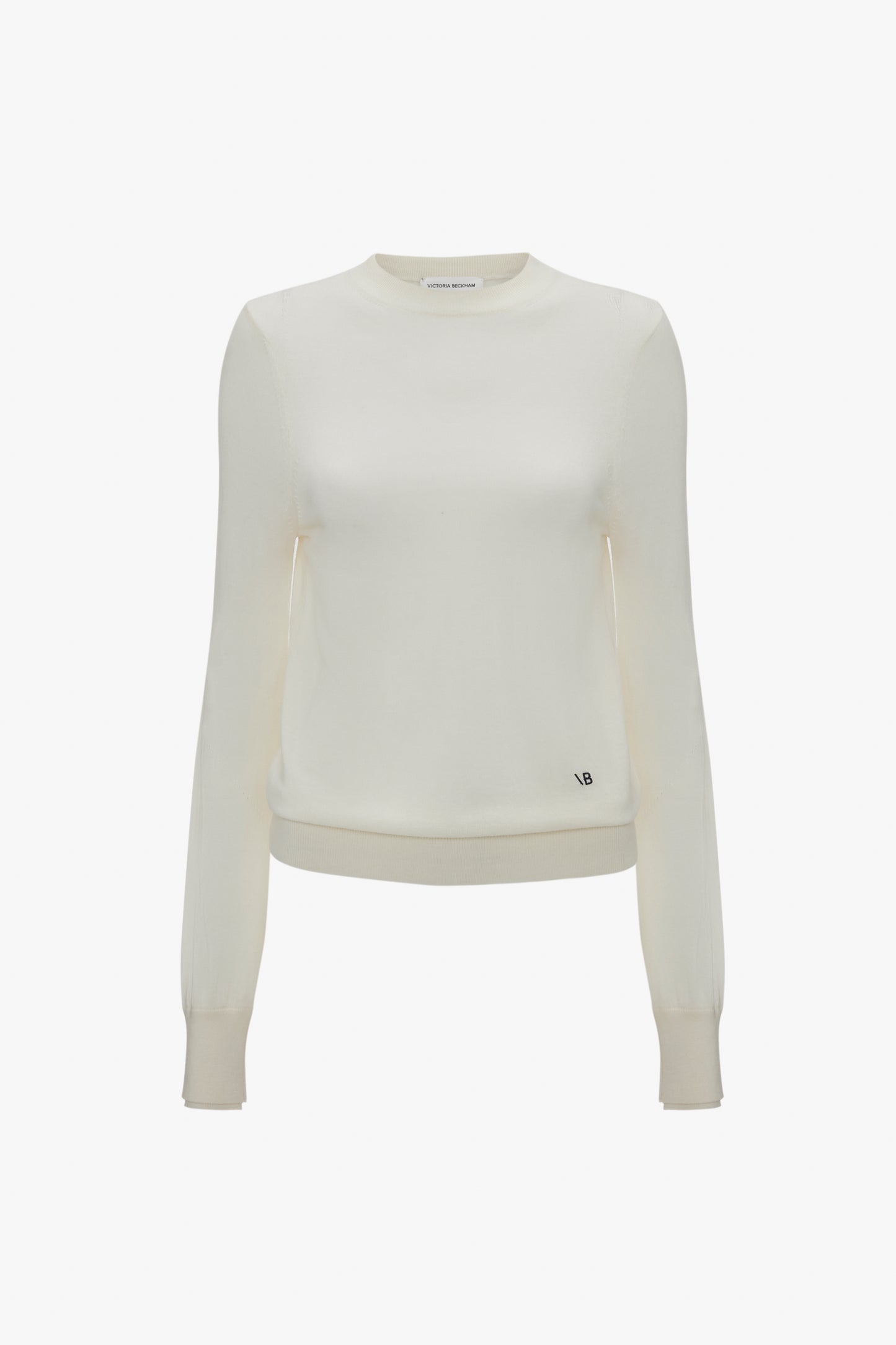 White Merino Crew Jumper In Ivory displayed on a plain background by Victoria Beckham.
