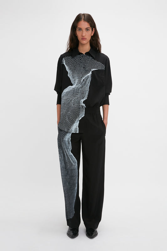 Pyjama Trouser In Black-White Contorted Net
