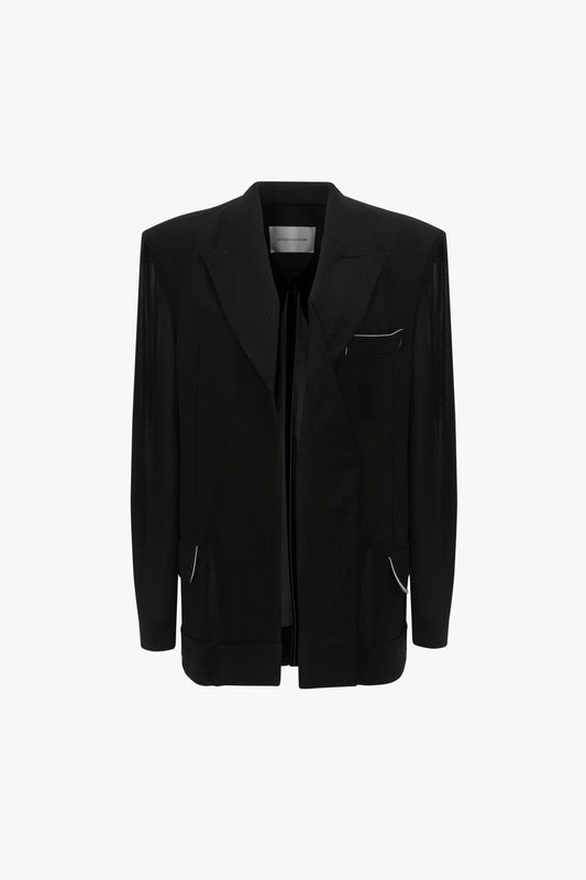 Victoria Beckham's Fold Detail Tailored Jacket in Black with notched lapels, butterfly lining, and front pockets on a white background.