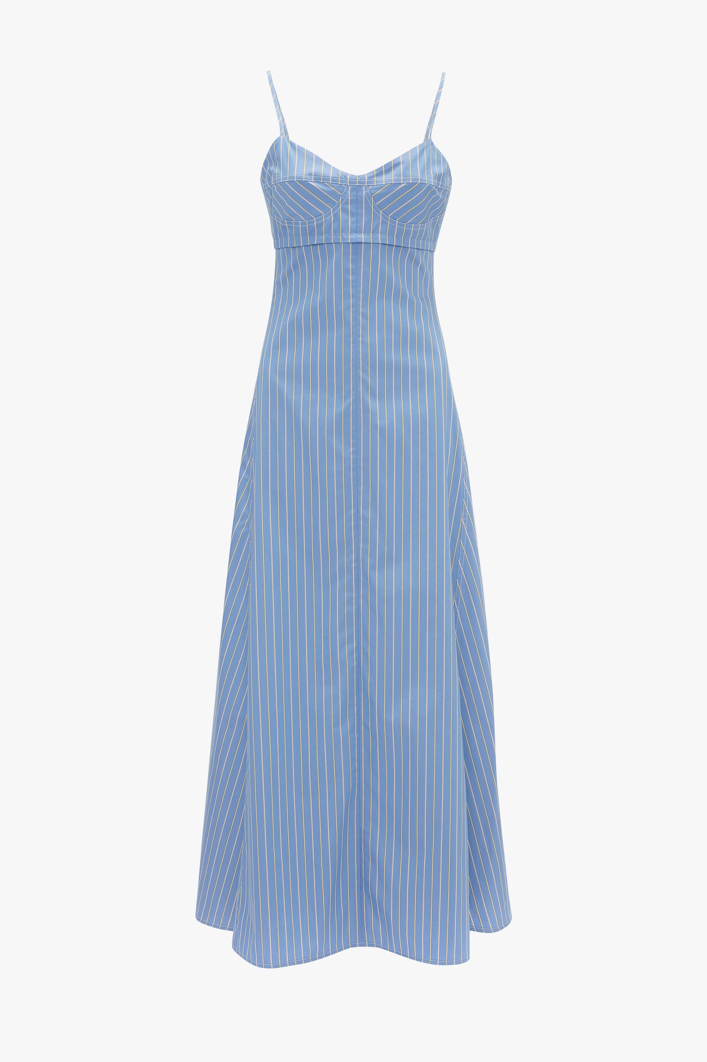 The Victoria Beckham Cami Fit And Flare Midi In Steel Blue features a fitted bodice, flared skirt, and white vertical stripes.