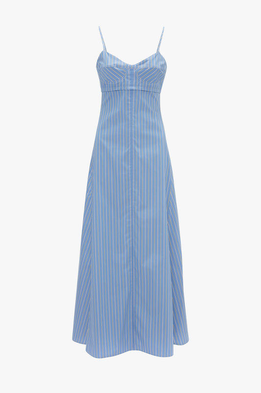 Cami Fit And Flare Midi In Steel Blue sundress by Victoria Beckham with adjustable straps and a knee-length hemline, isolated on a white background.