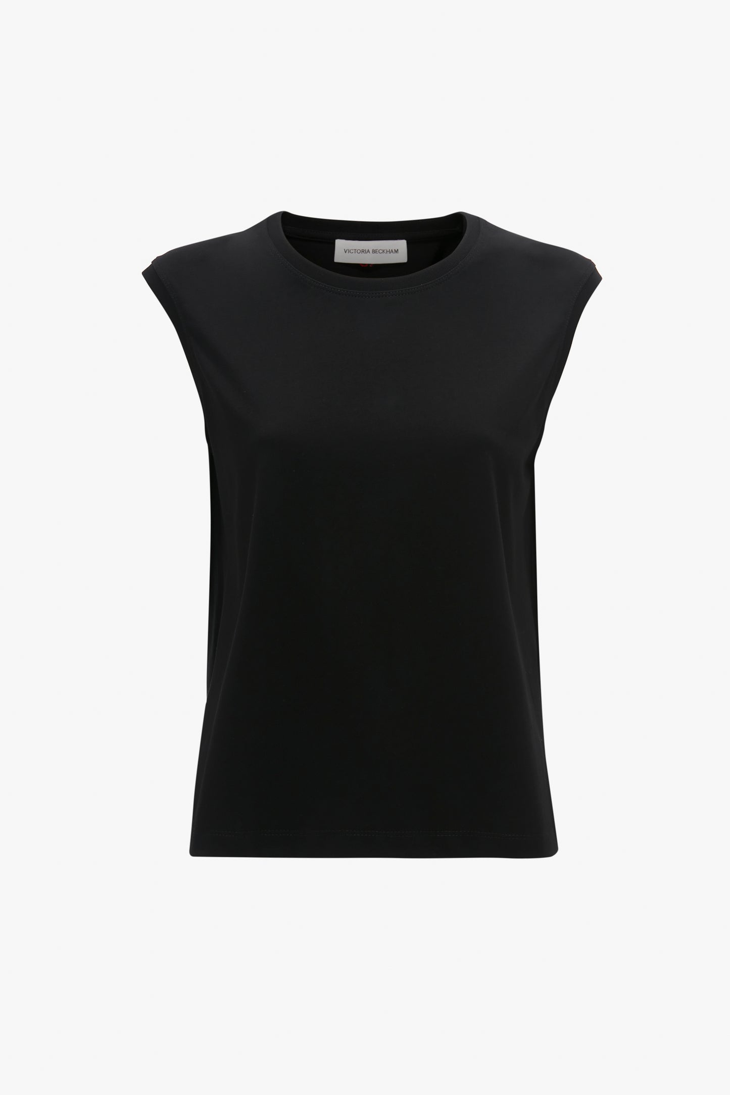 Victoria Beckham's black organic cotton Sleeveless T-Shirt on a white background.