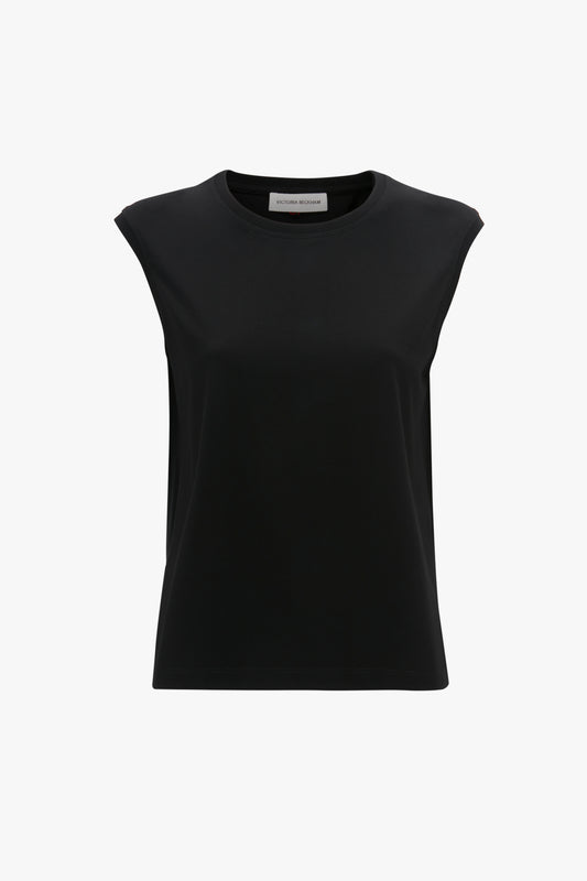 Victoria Beckham's black organic cotton Sleeveless T-Shirt on a white background.
