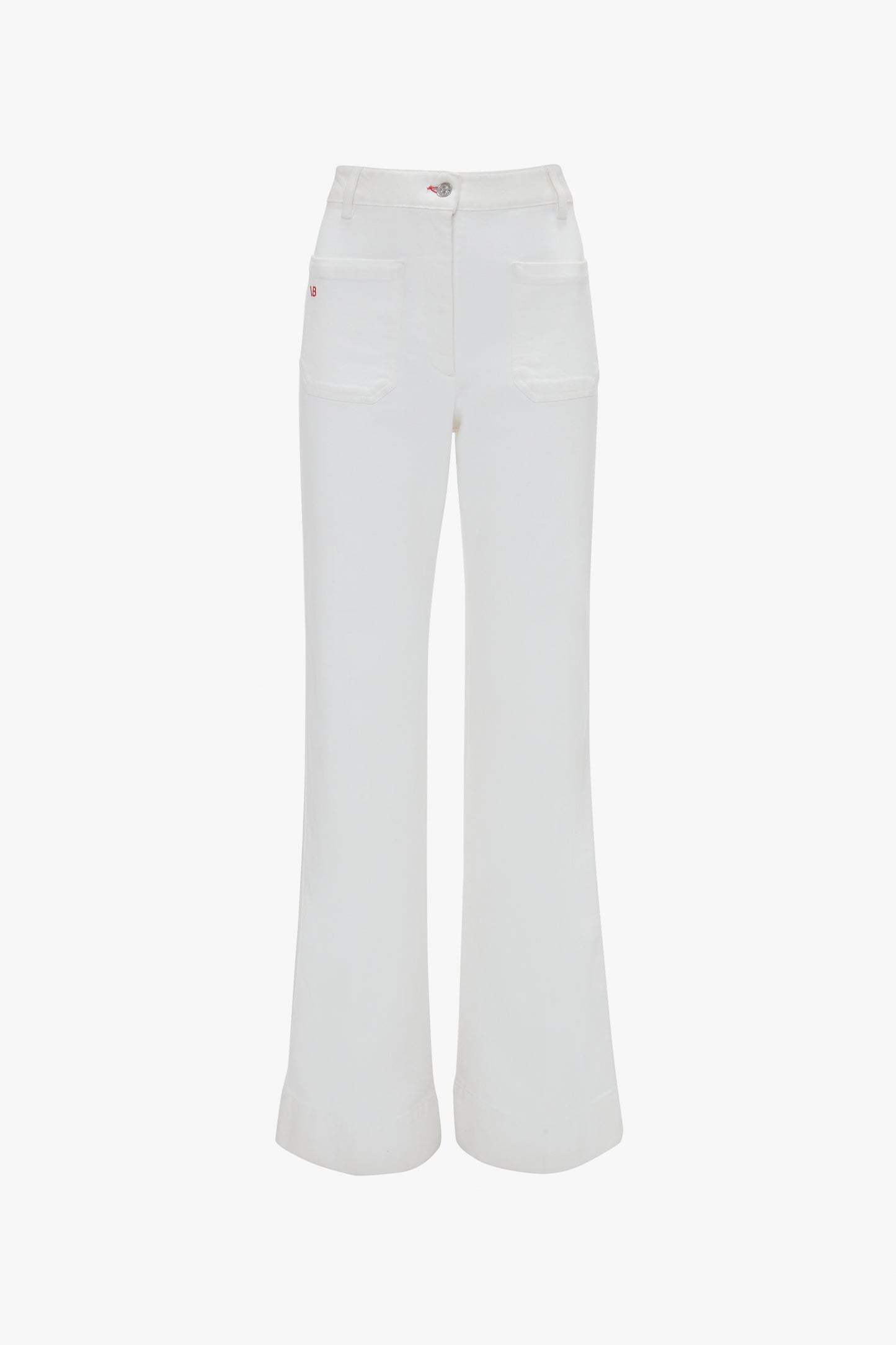 A pair of white high-waisted, wide-flared leg jeans with front pockets and a front button and zipper closure, offering a retro appeal, now available as the Alina High Waisted Jean In Washed White by Victoria Beckham.