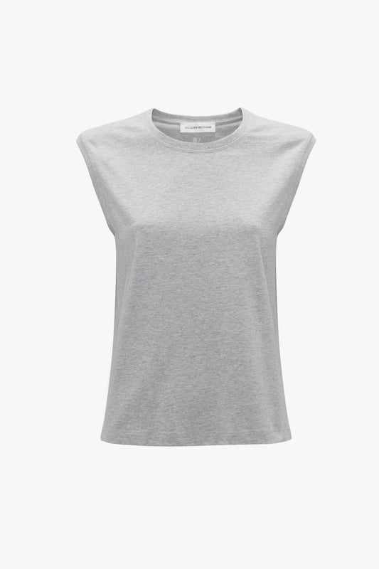 A Victoria Beckham sleeveless t-shirt in grey marl with a white background.