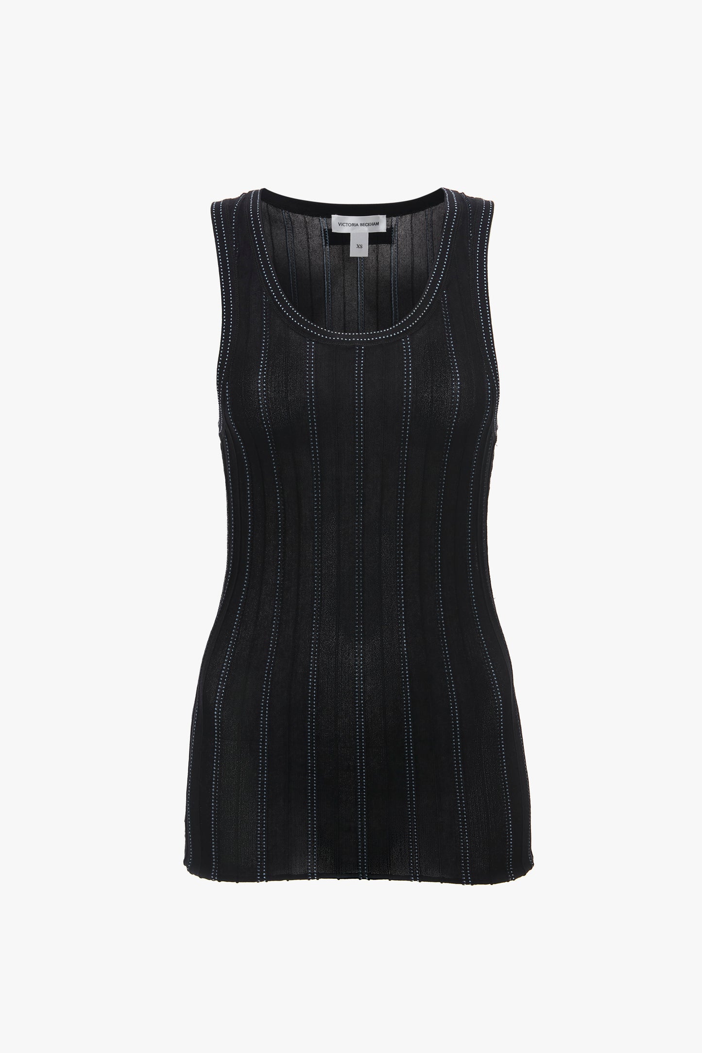A Victoria Beckham Fine Knit Vertical Stripe Tank In Black-Blue on a white background.