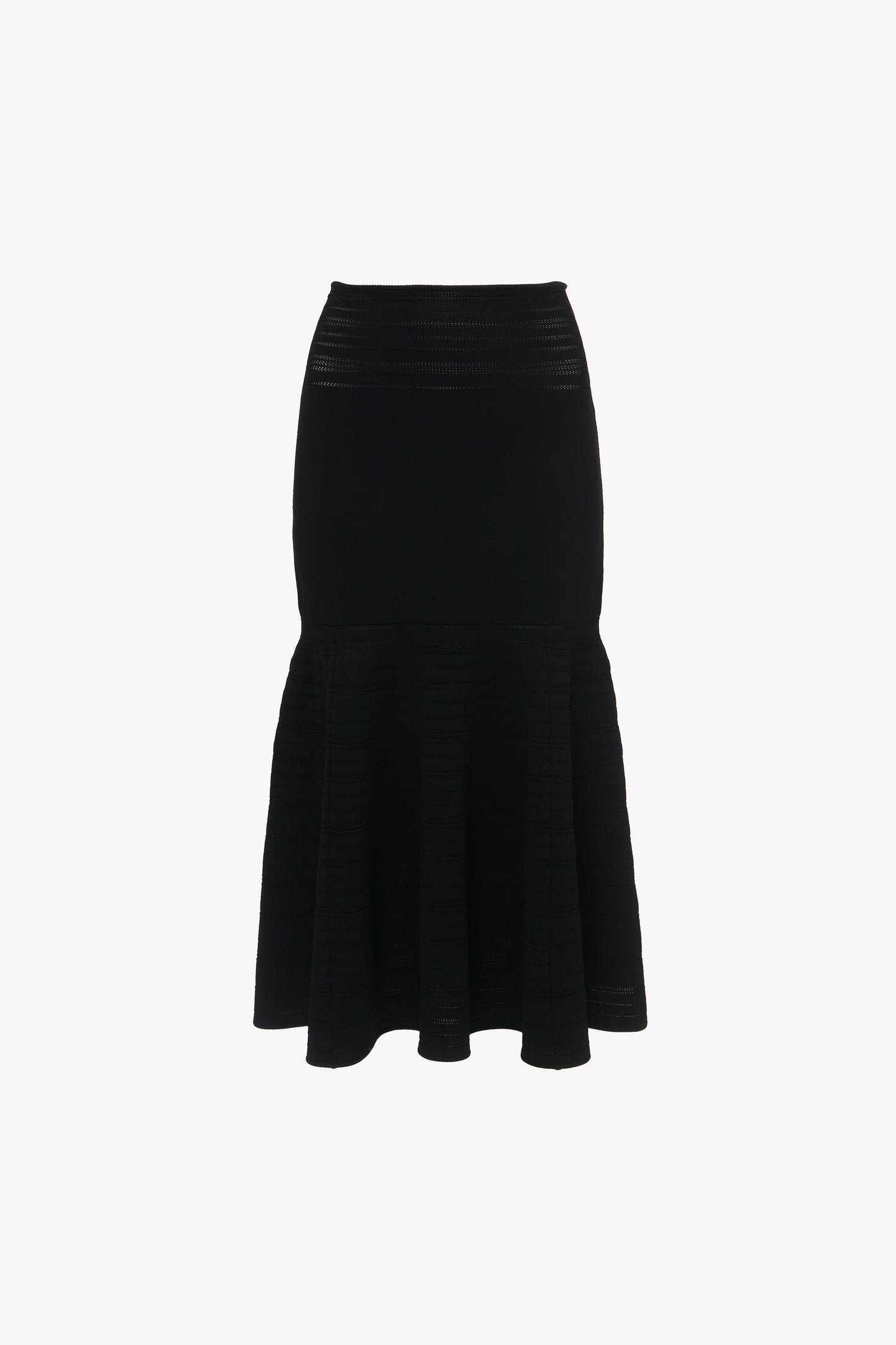 A Fit And Flare Midi Skirt In Black by Victoria Beckham with a flared hem, subtle horizontal striped pattern, and contrasting stitching for a touch of elegance.