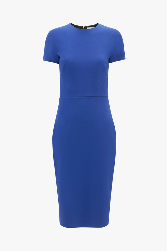A Victoria Beckham palace blue fitted t-shirt dress with short sleeves and a round neckline, displayed against a white background.
