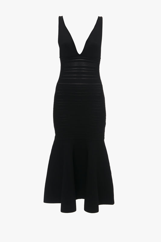Victoria Beckham's Frame Detail Sleeveless Dress In Black with a v-neckline and fit-and-flare hem, isolated on a white background.