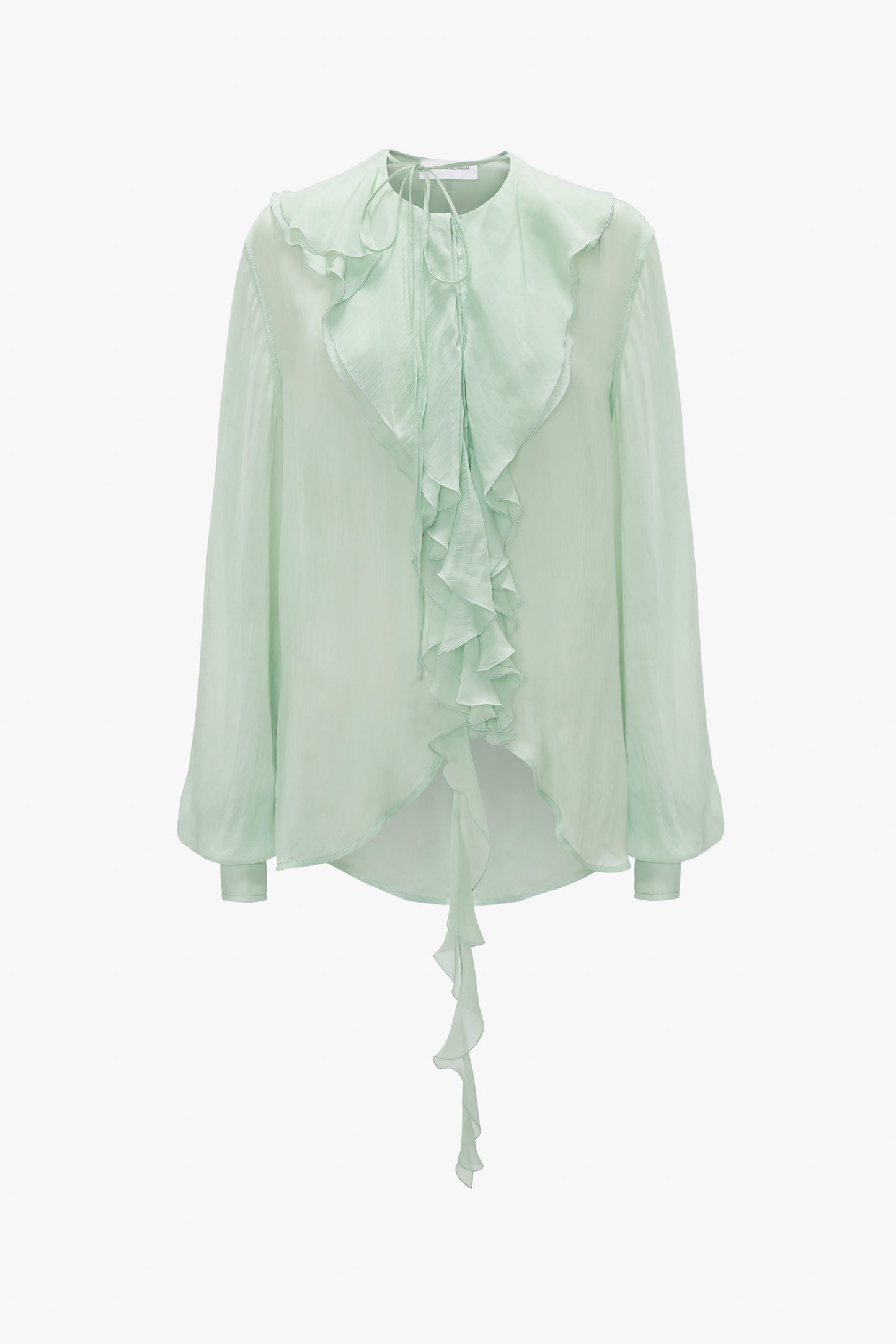 A Romantic Blouse In Jade by Victoria Beckham with diaphanous blouson sleeves, a ruffled front, high neckline, and tie detail.