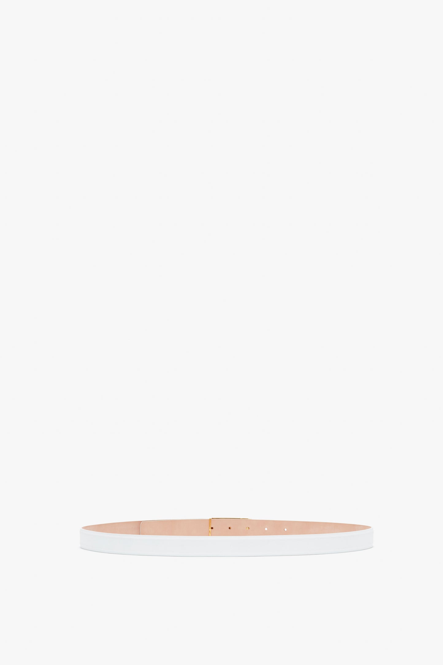 A slender, pale pink smooth calf leather Exclusive Frame belt with gold hardware, displayed straight on a white background by Victoria Beckham.