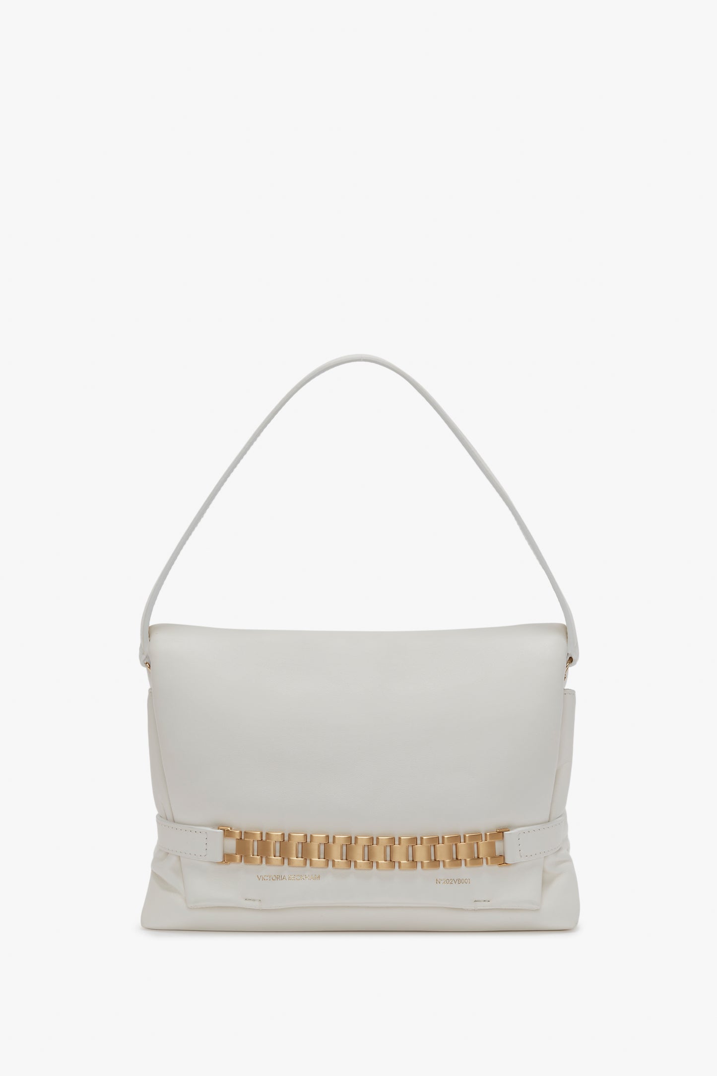 A Puffy Chain Pouch With Strap In White Leather by Victoria Beckham featuring a single shoulder strap and a striking gold chain detail across the front.
