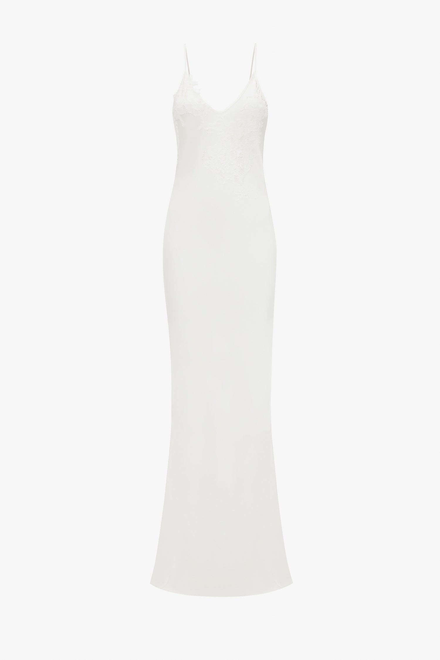 A simple white, sleeveless, slim-fit evening dress with lace detailing on the upper part, displayed against a white background. 
would become:
An Exclusive Lace Detail Floor-Length Cami Dress In Ivory by Victoria Beckham, displayed against a white background.