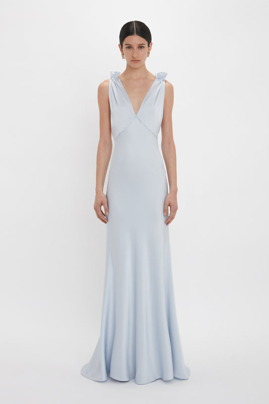 Exclusive Gathered Shoulder Cami Floor-Length Gown In Ice Blue