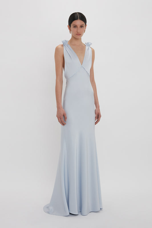 Exclusive Gathered Shoulder Cami Floor-Length Gown In Ice Blue
