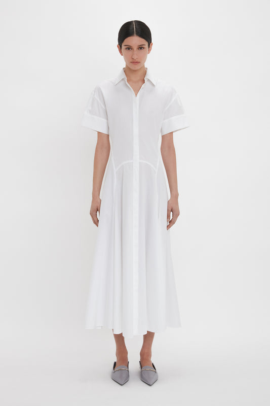 Panelled Shirt Dress In White