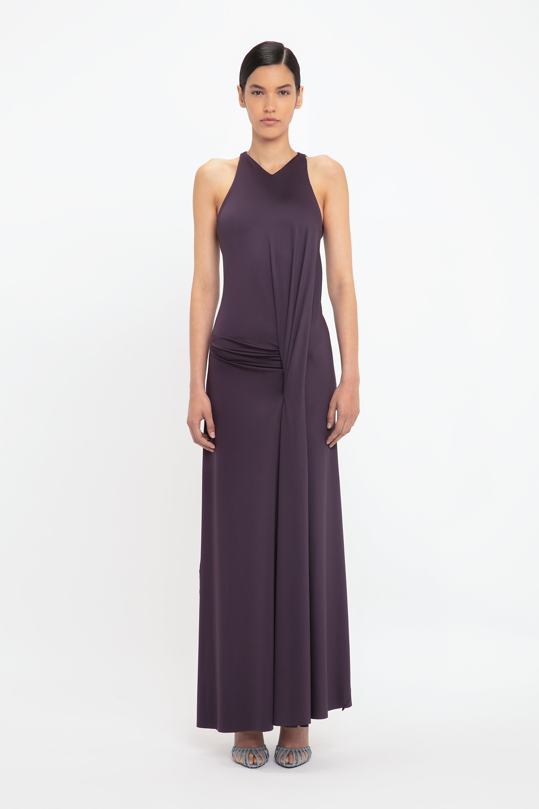 24AW new/Victoria Beckham ドレープガウン Dress Purple Sleeveless Drape Front Gown In Fig – Victoria Beckham UK