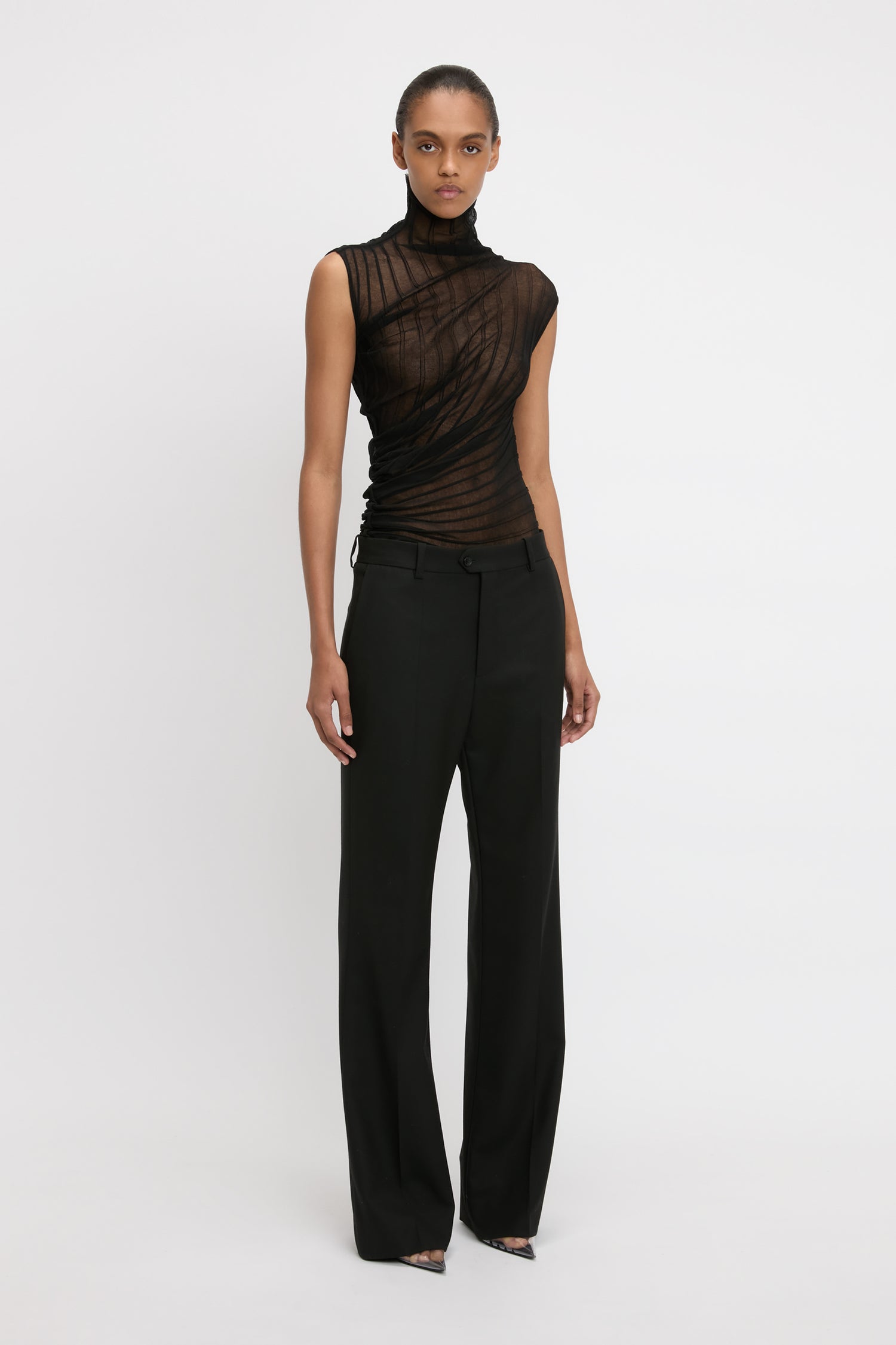 Draped Sleeveless High Neck Top In Black