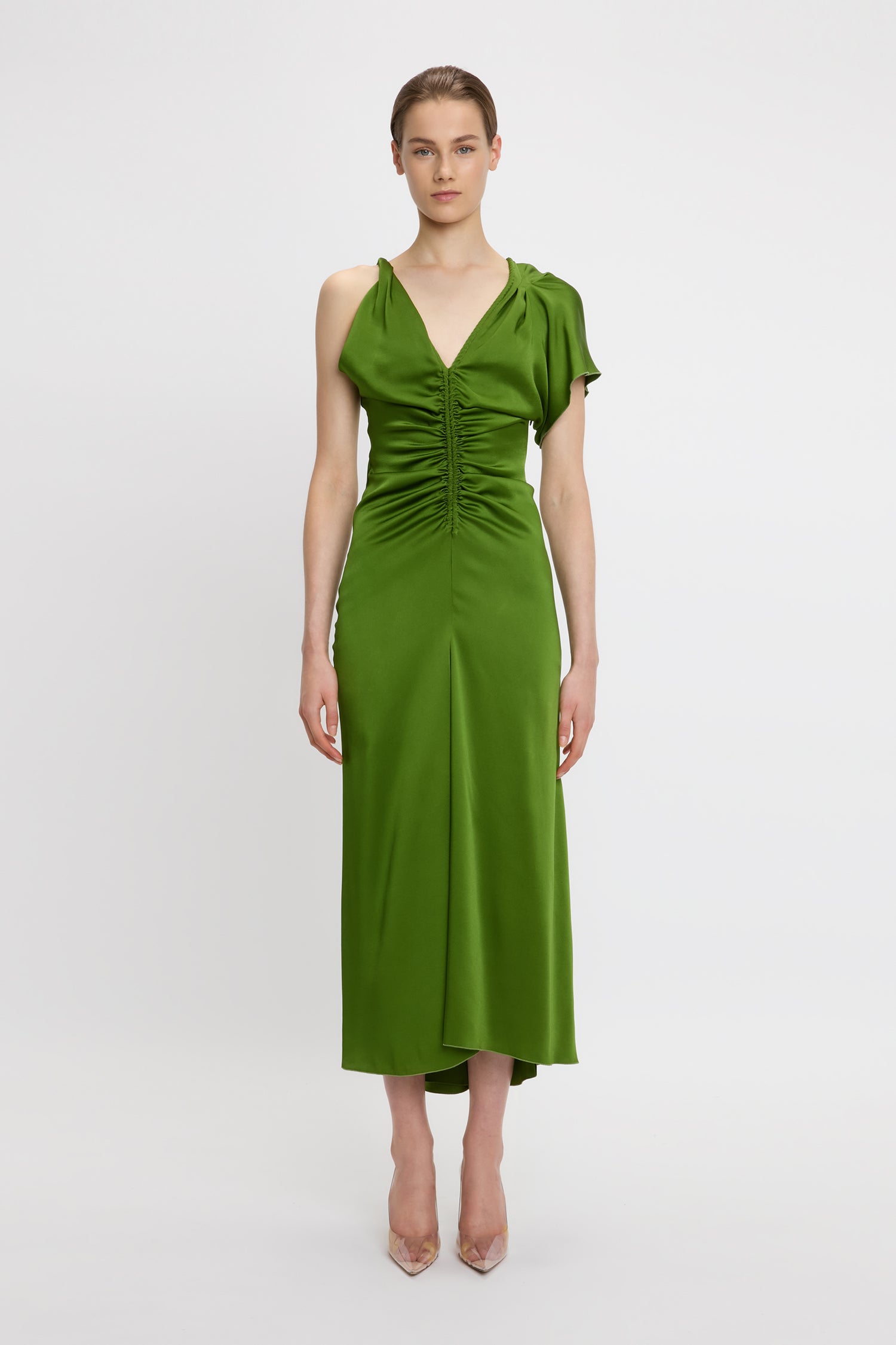 Asymmetric Ruched Detail Midi Dress In Algae