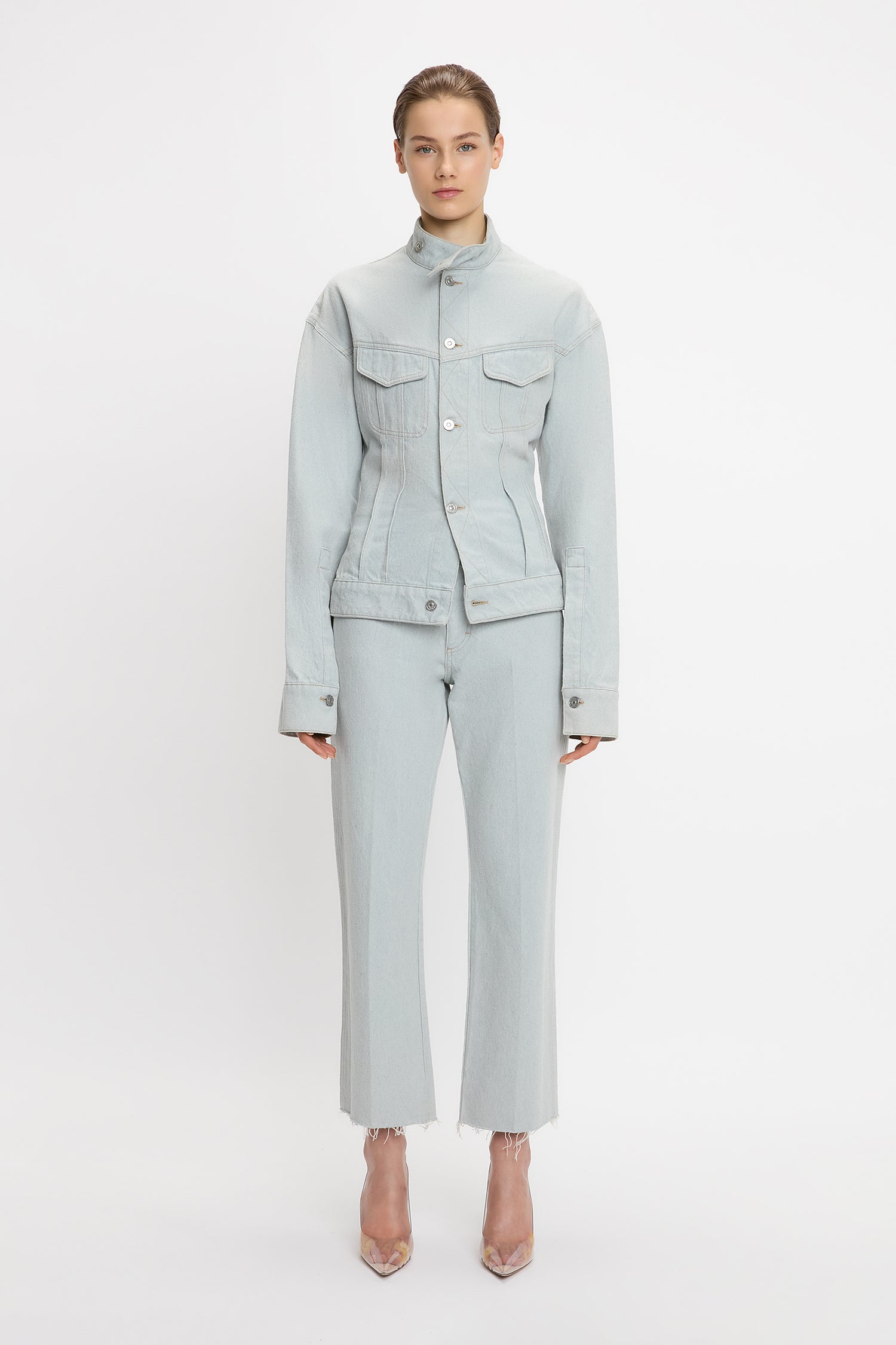 Sculptural Denim Jacket In Light Azul