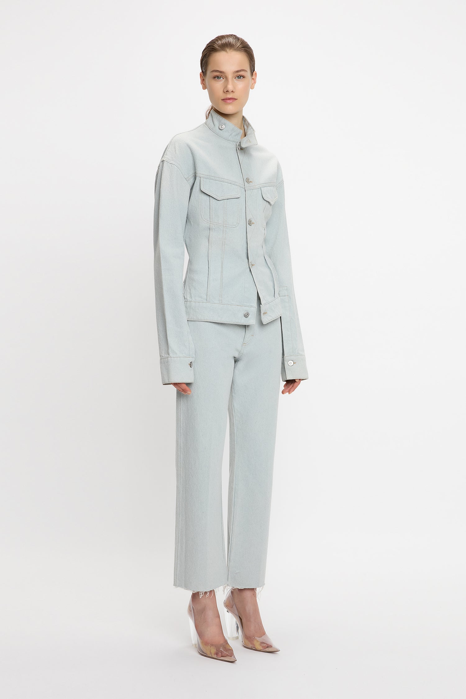 Sculptural Denim Jacket In Light Azul