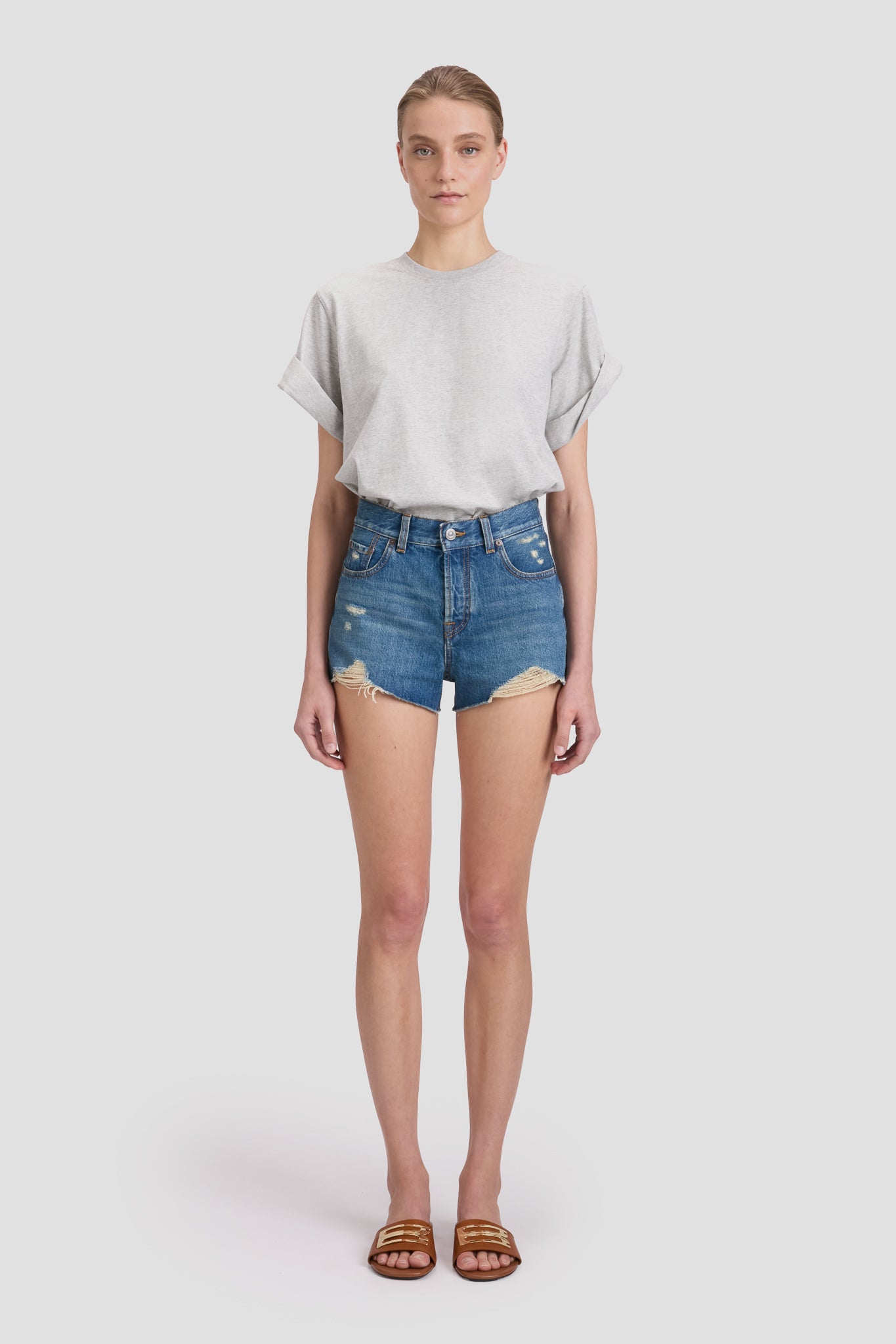 Distressed Shorts In Mid Blue Wash