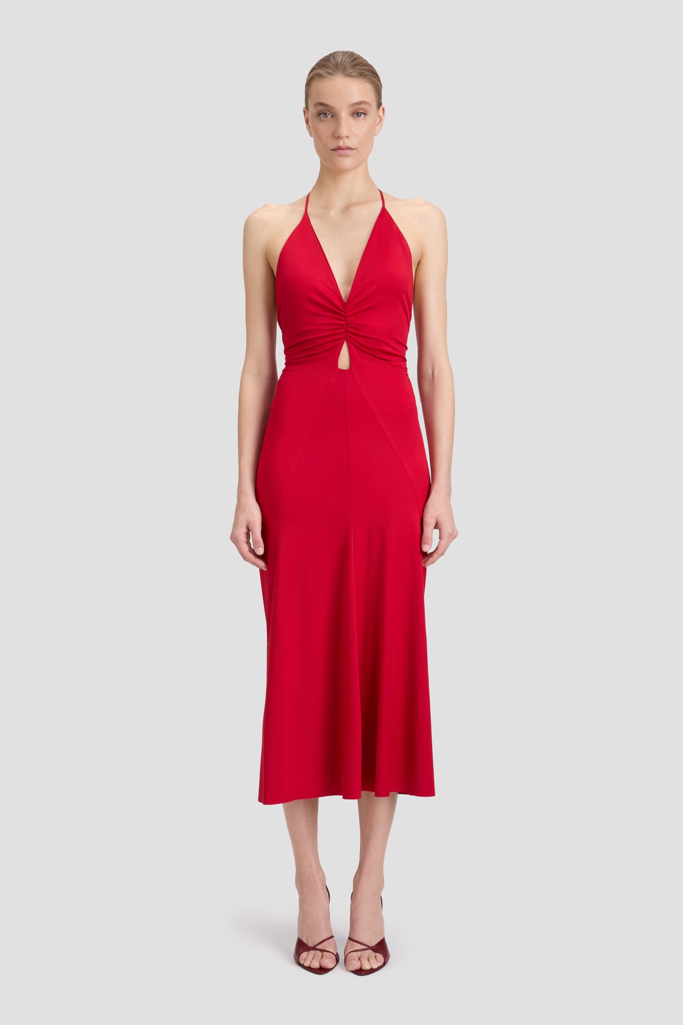 V-Neck Ruched Cami Midi Dress In Rose – Victoria Beckham UK