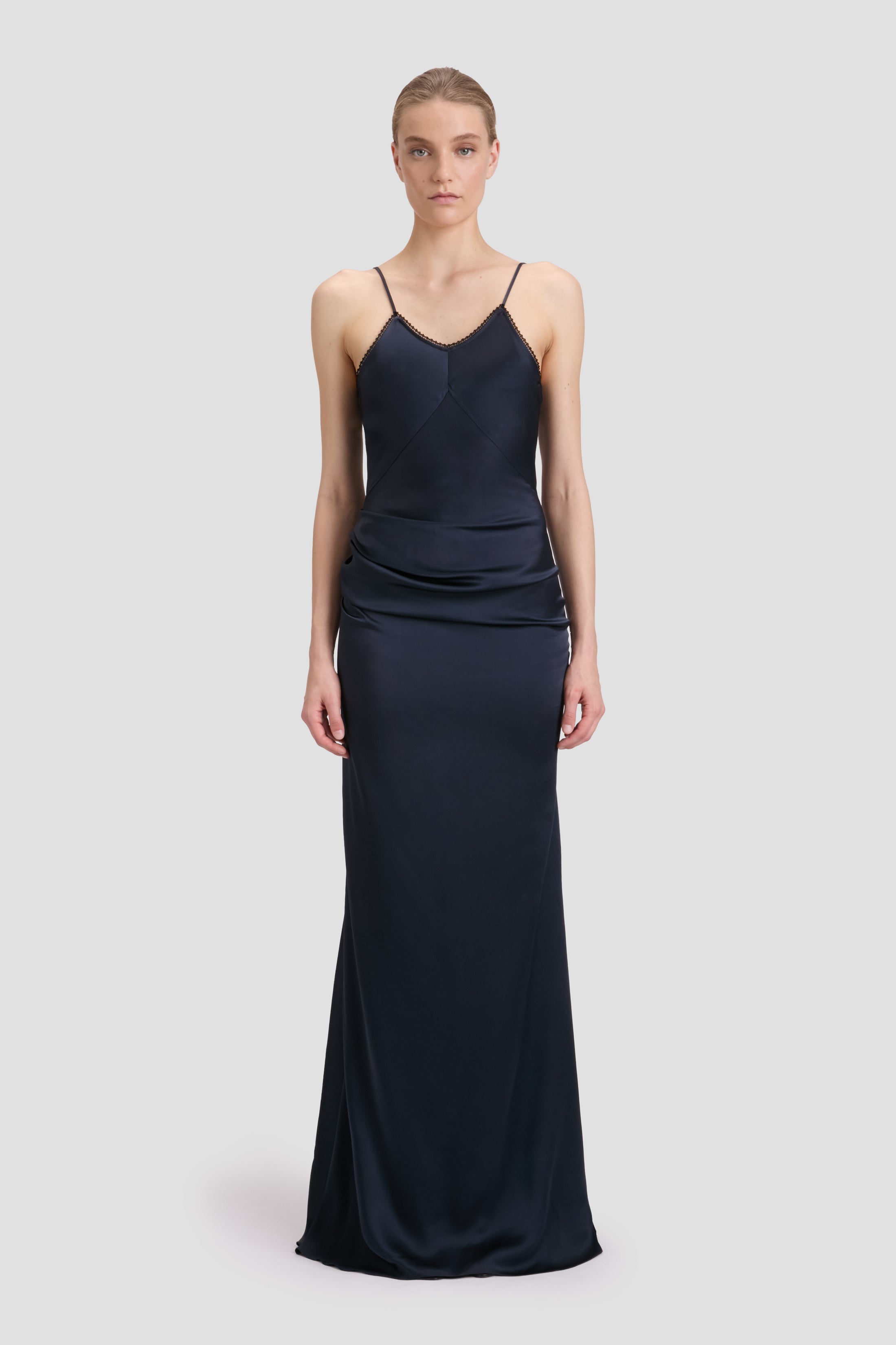 victoria beckham bridal lace-trimmed satin maxi dress Victoria Beckham Asymmetric Draped Cami Gown In Black