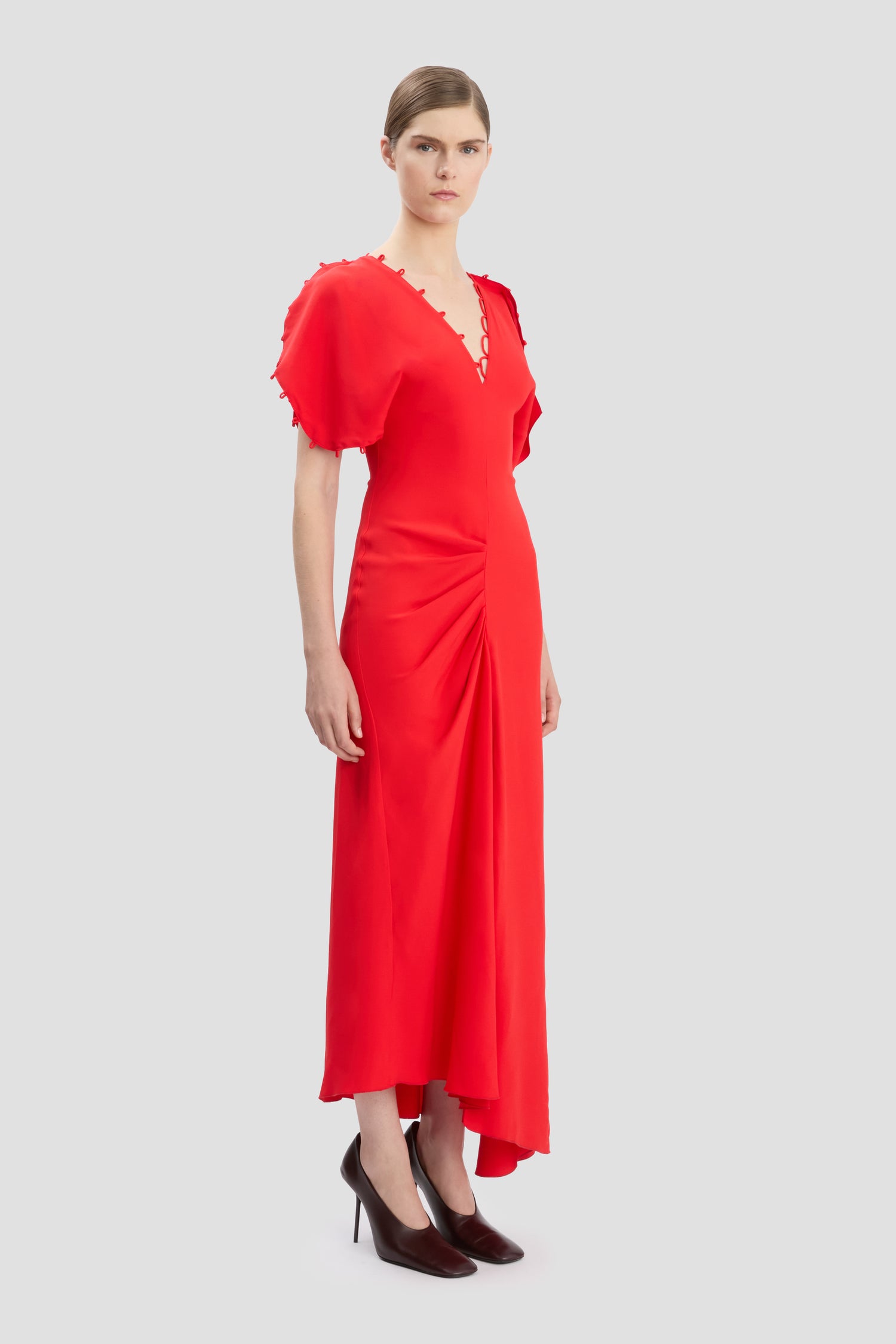 Rouleaux Detail Midi Dress In Cayenne