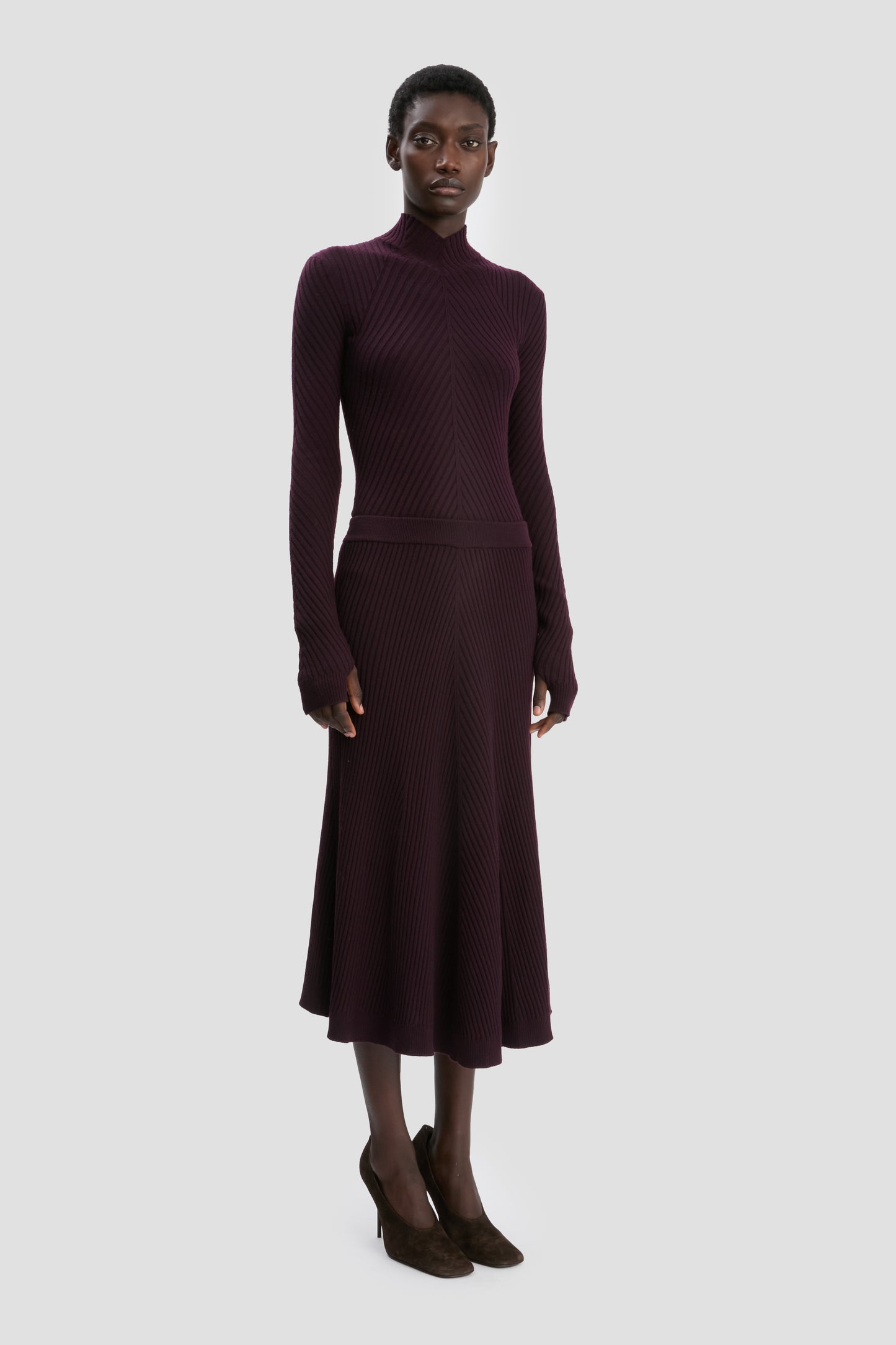 Ribbed Knit Midi Skirt In Merlot