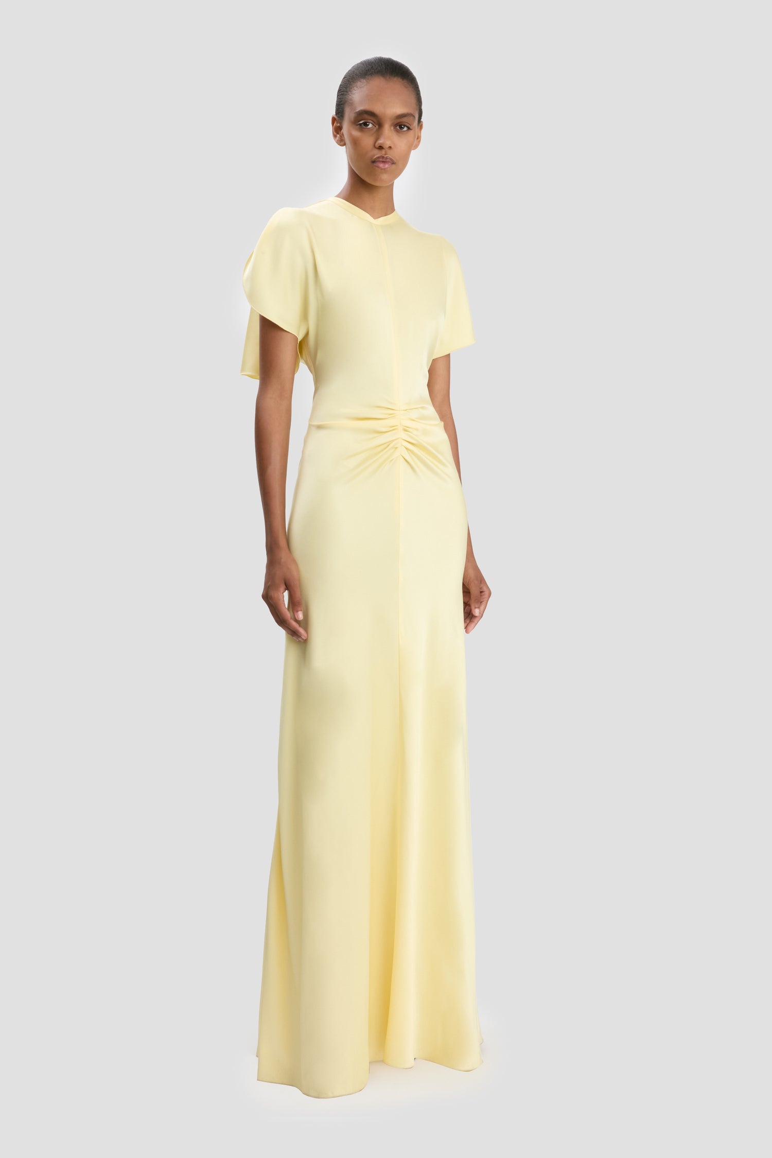 Gathered Waist Floor-Length Dress In Daffodil Yellow