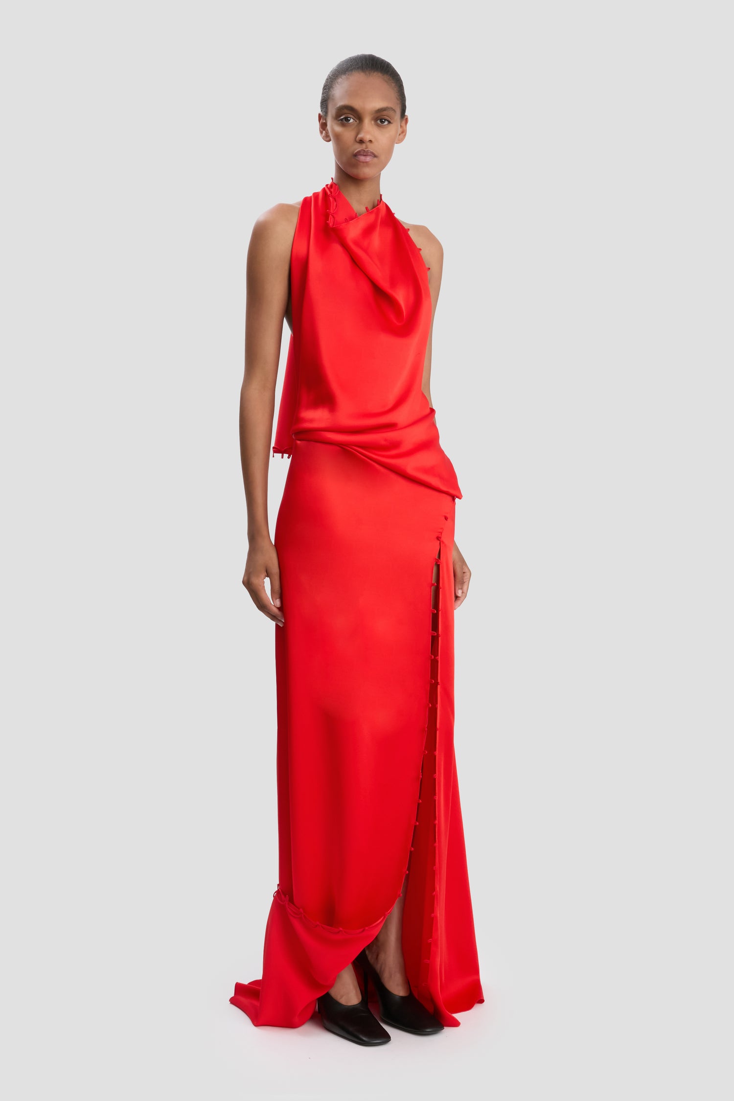 Rouleaux Detail Sleeveless Gown In Cayenne