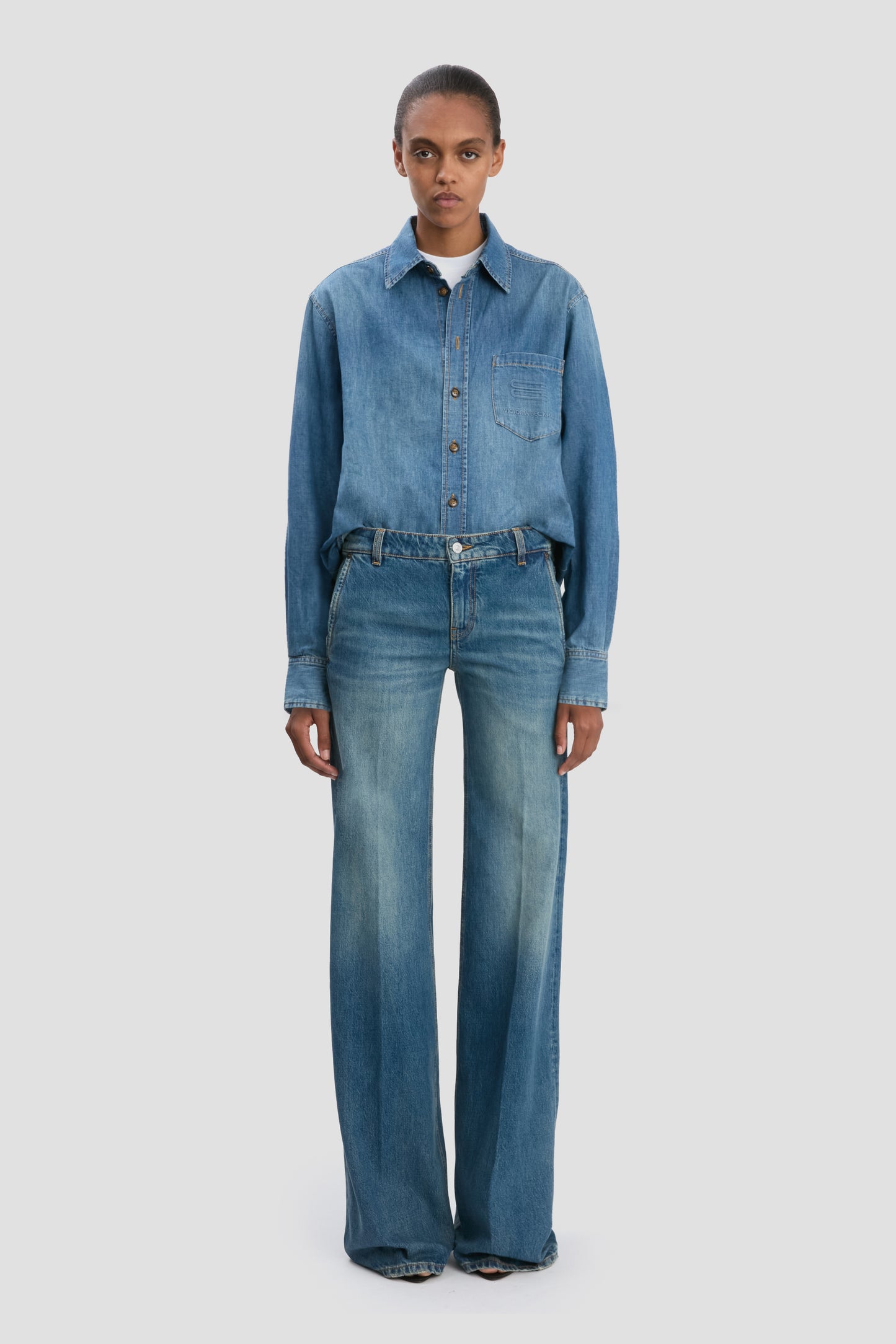 Men's Denim Shirt In Mid Blue Wash