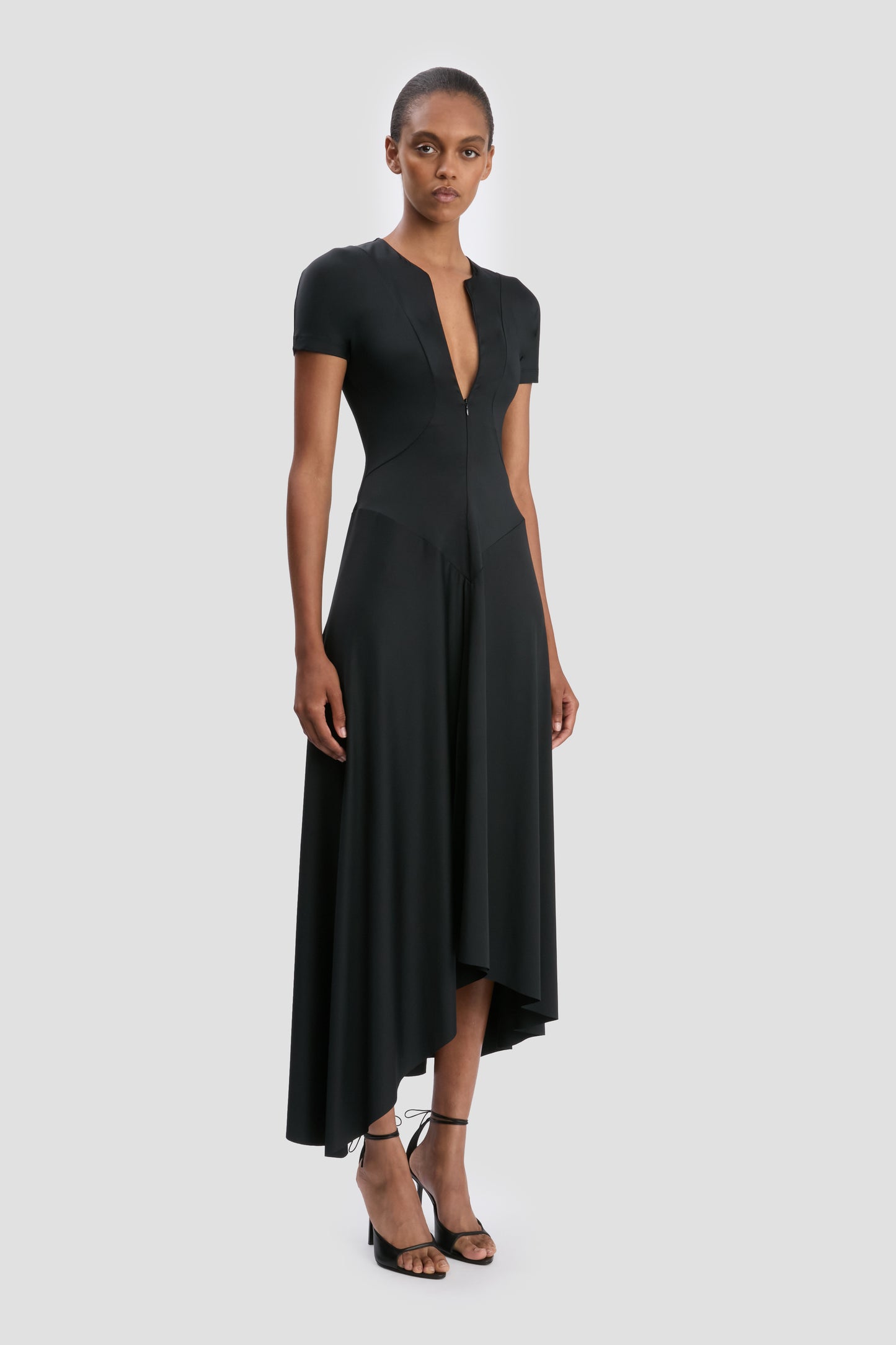 Zipped Front Midi Dress In Black