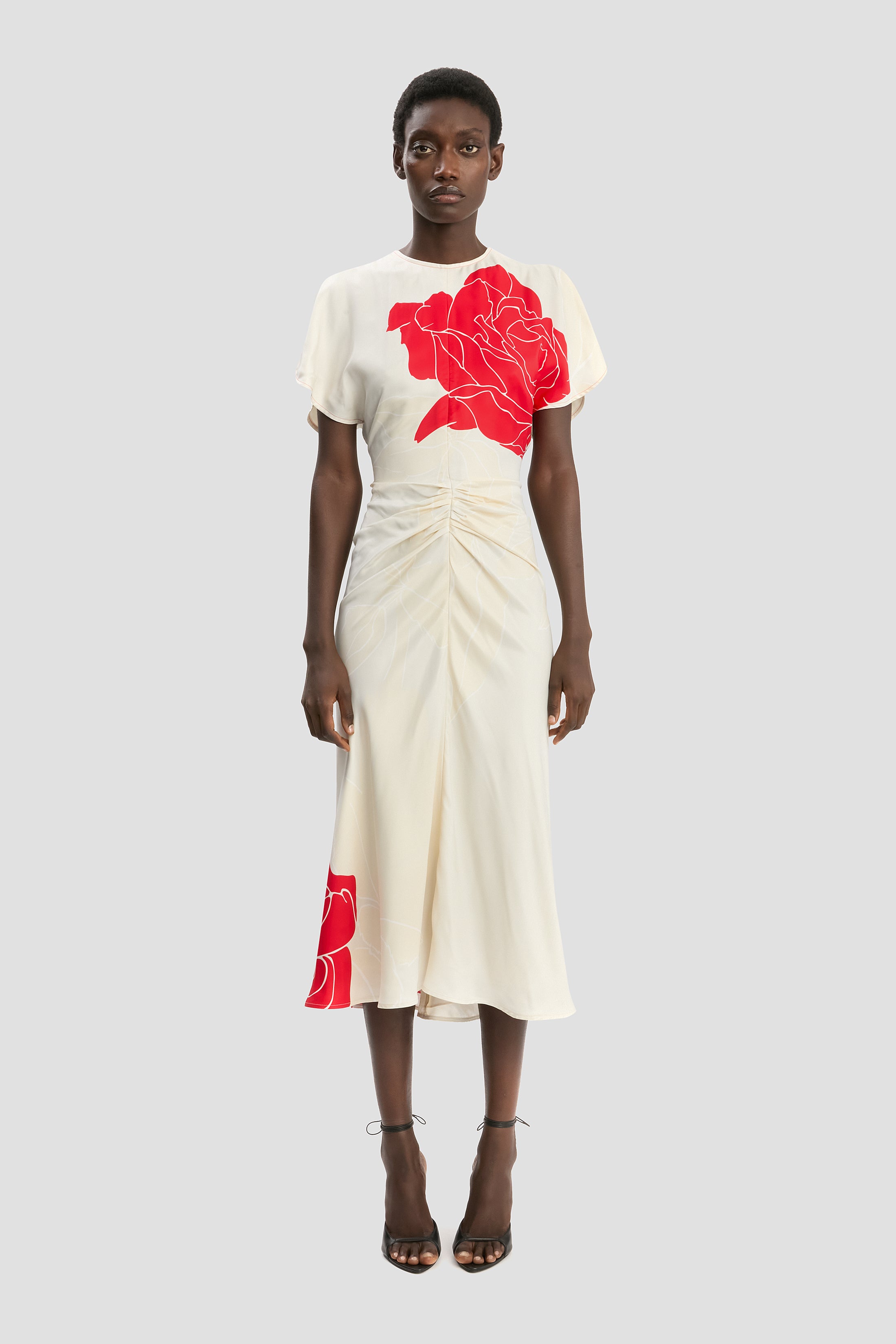 elegant floral round neckline midi x-line dress Bela Midi Dress In Red Floral Print – Victoria Beckham