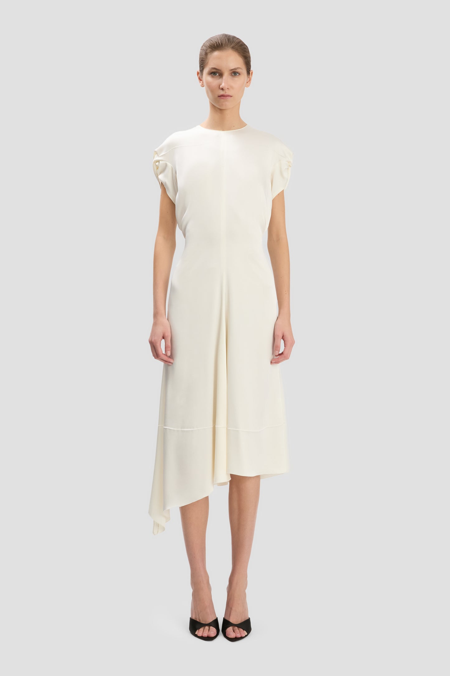 Twist Shoulder Dress In Ivory