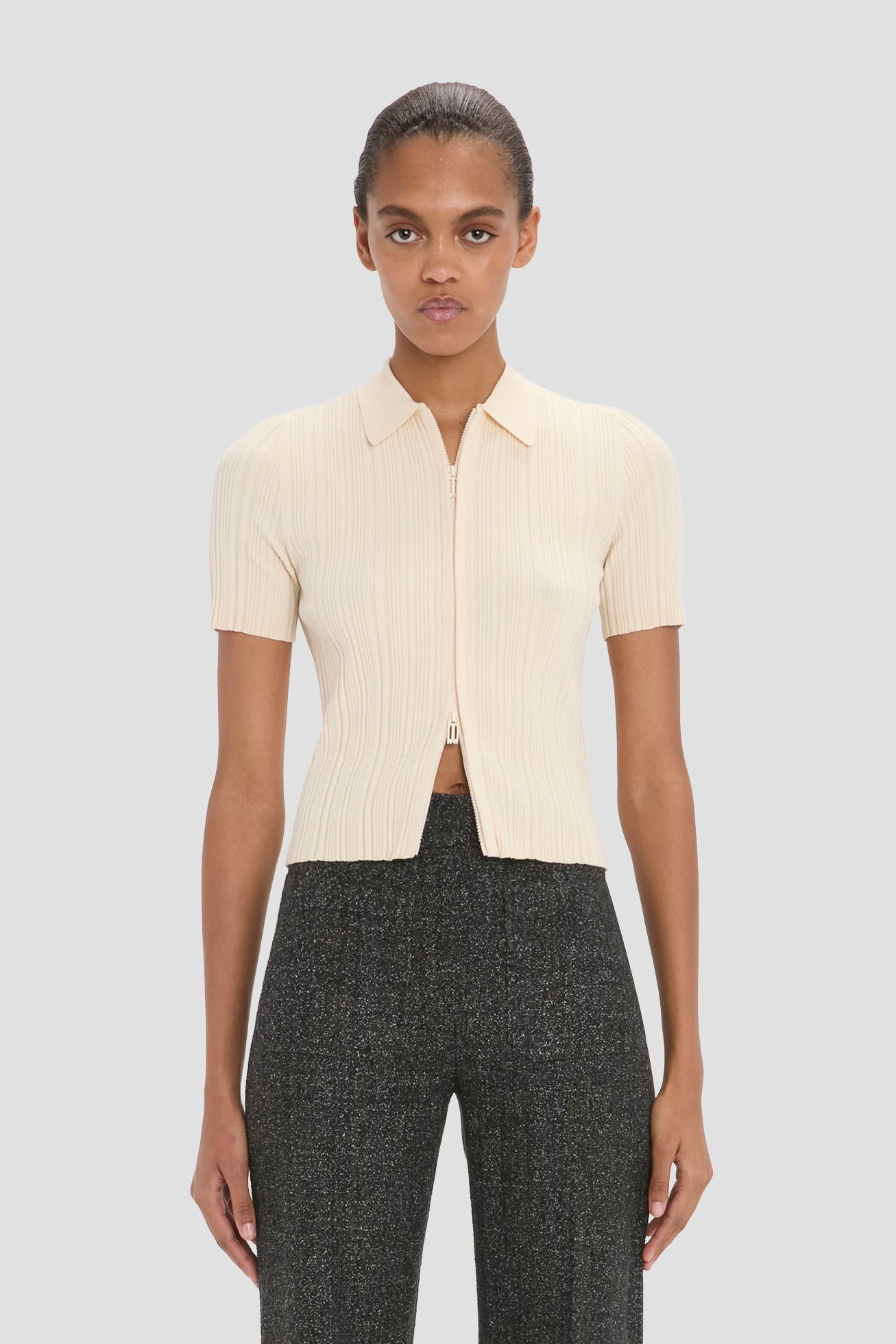 Ribbed Polo Top In Elderflower