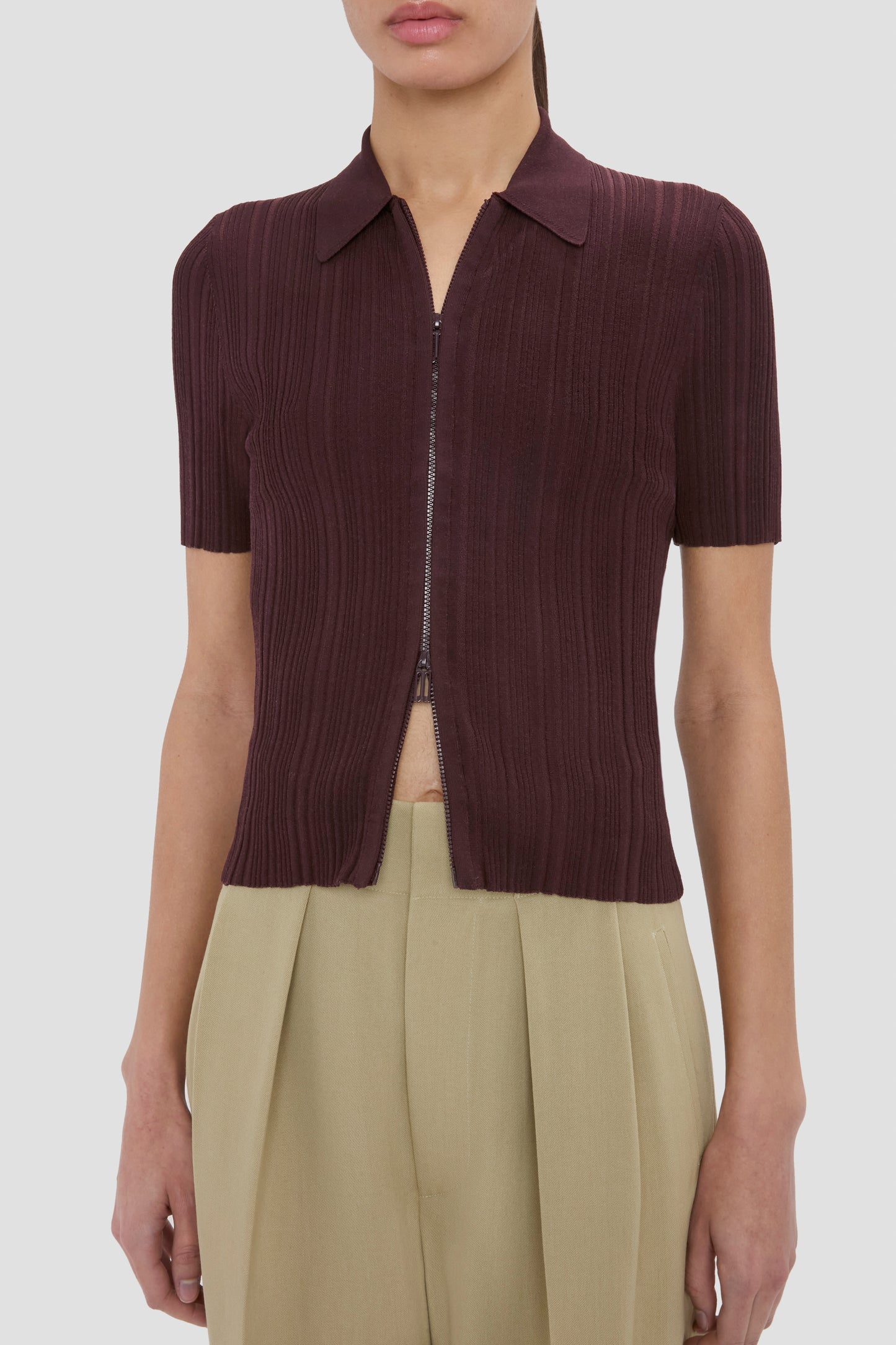 Ribbed Polo Top In Acai