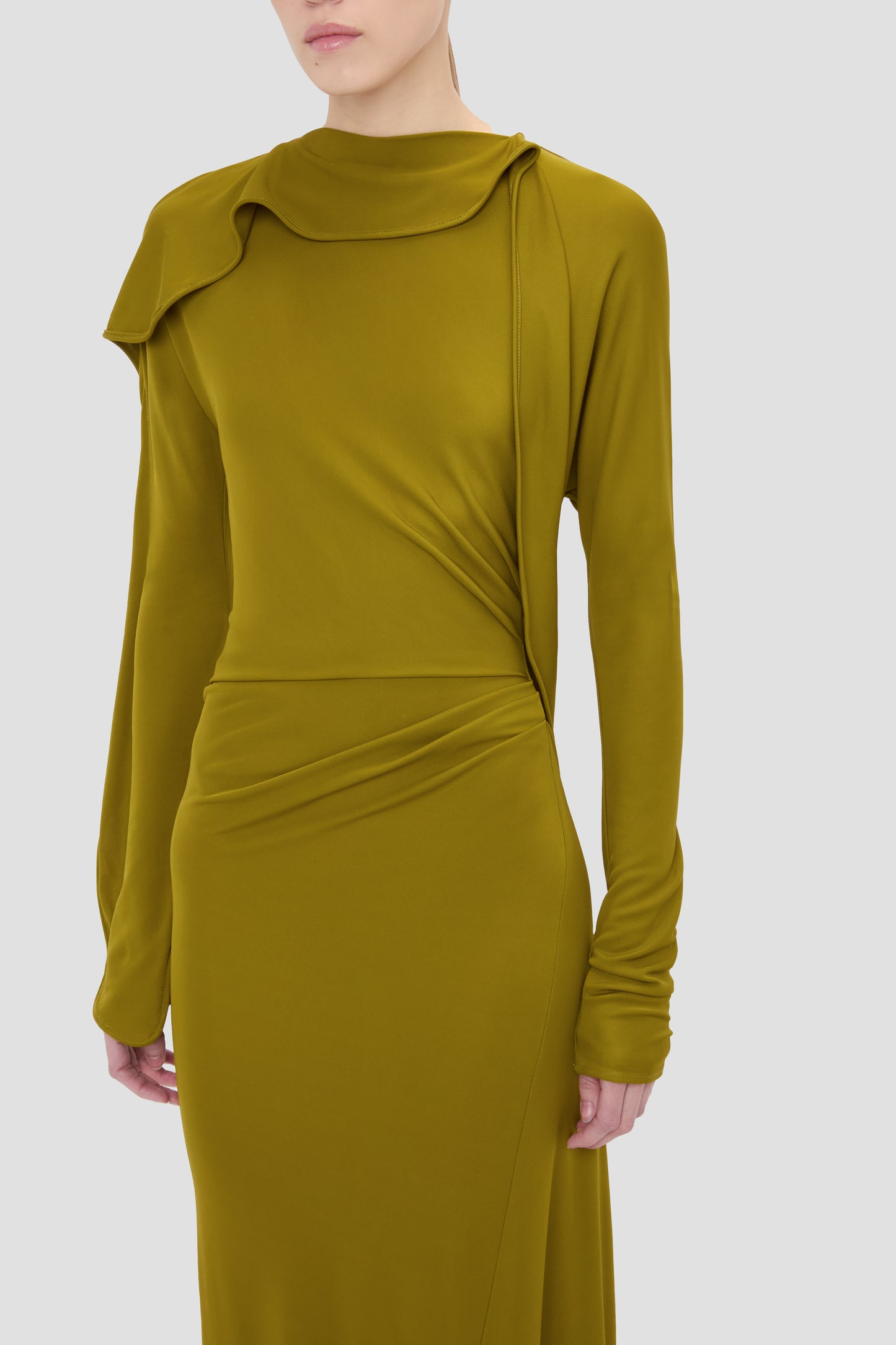Closed Neck Drape Gown In Moss