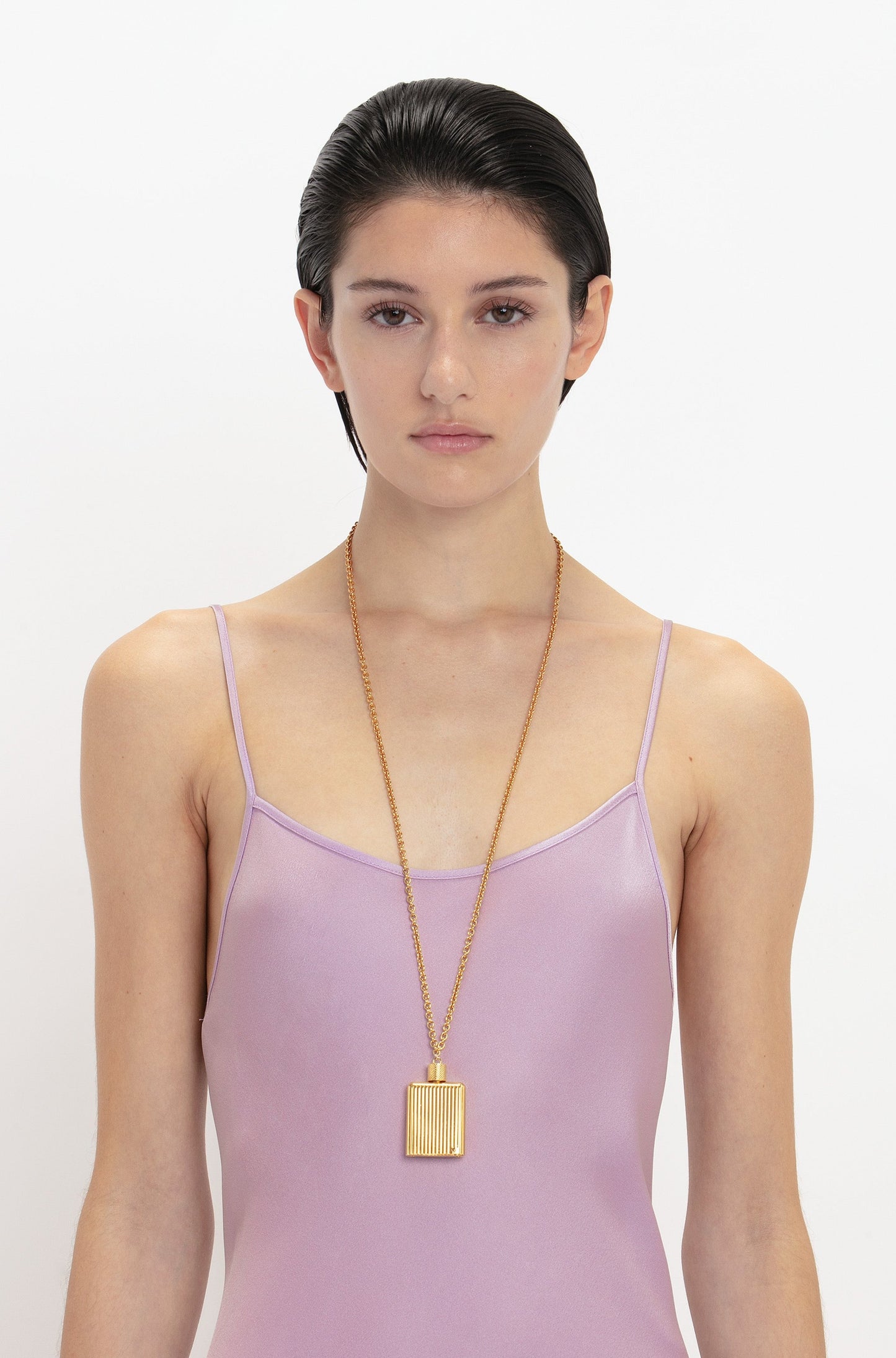 Perfume Bottle Necklace In Brushed Gold