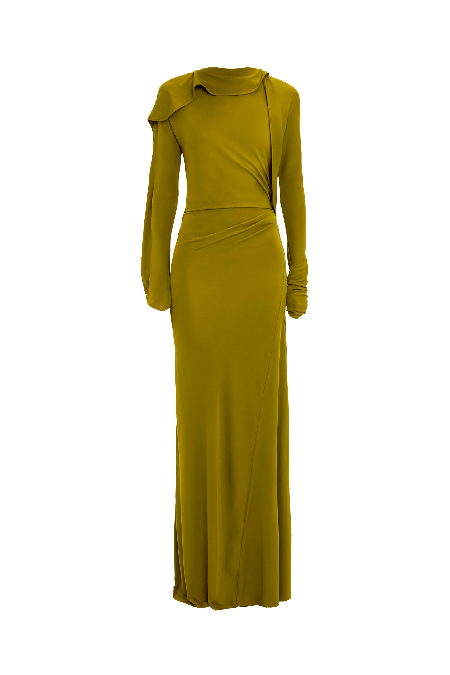 Closed Neck Drape Gown In Moss