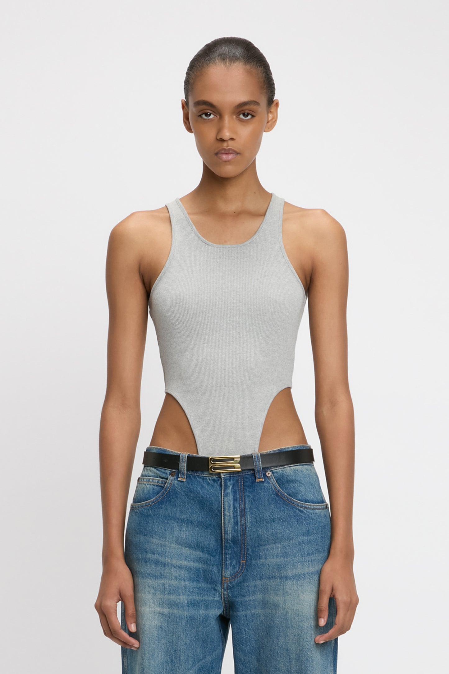 High Leg Bodysuit In Grey Marl