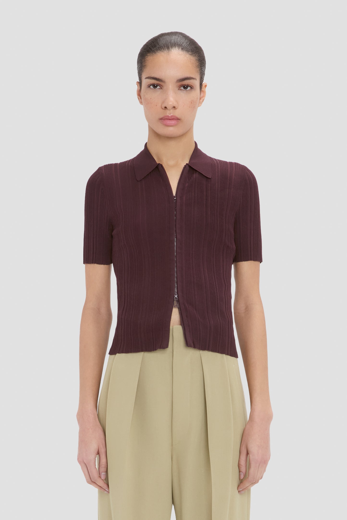Ribbed Polo Top In Acai