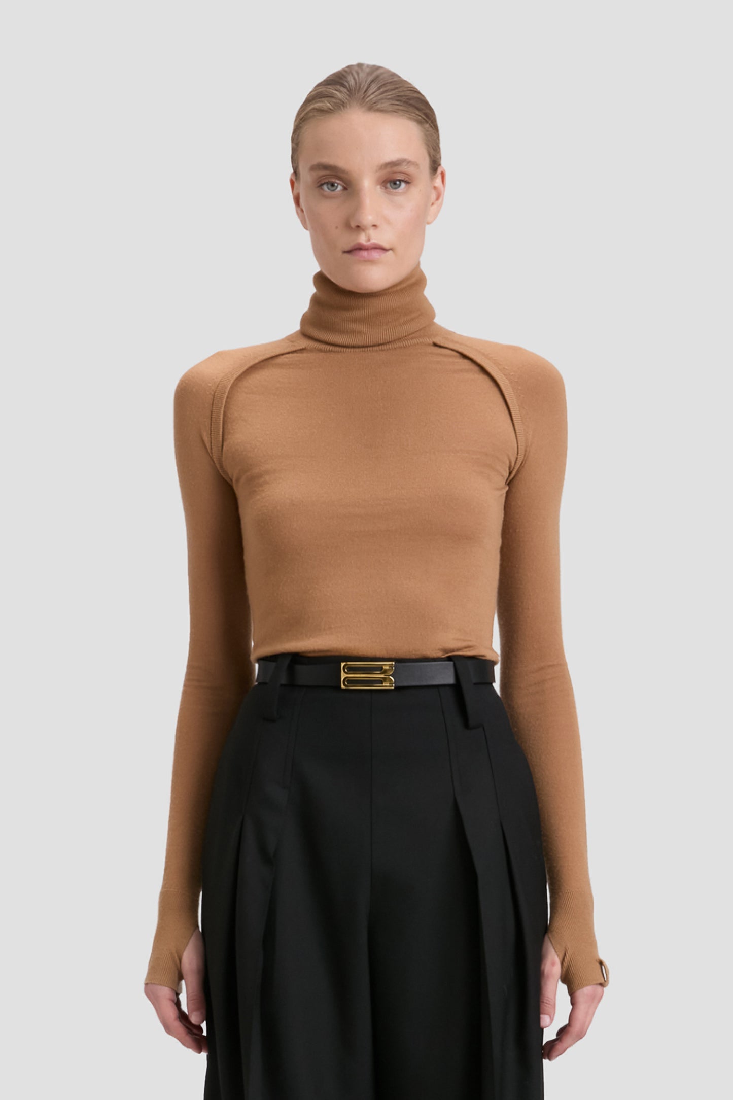 High Neck Jumper In Dark Camel
