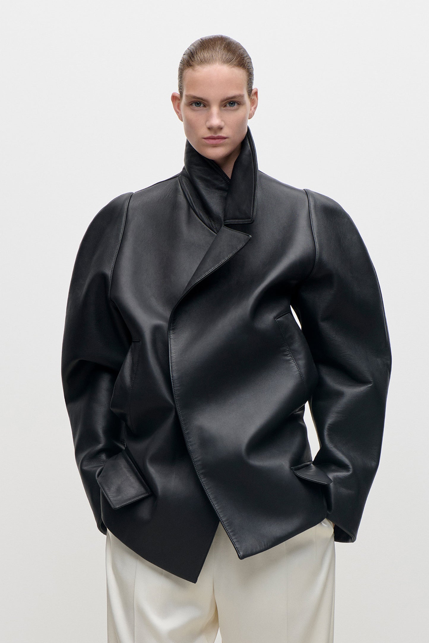 Leather Pea Coat In Black