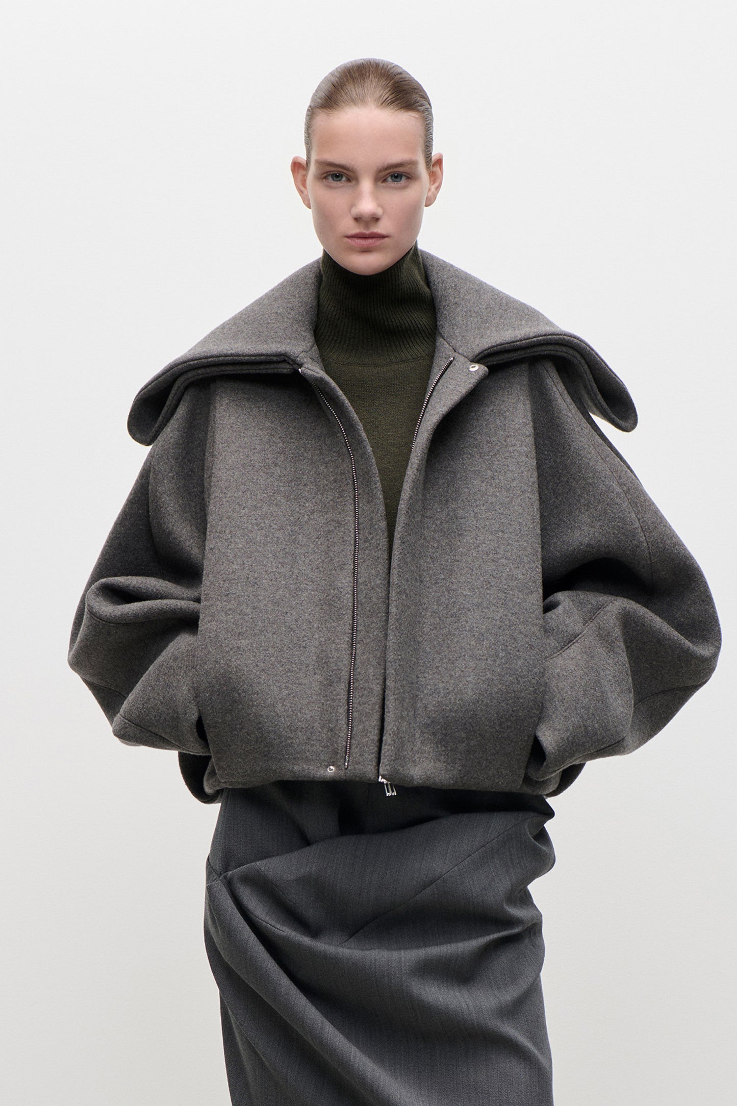 Folded Collar Bomber Jacket In Grey