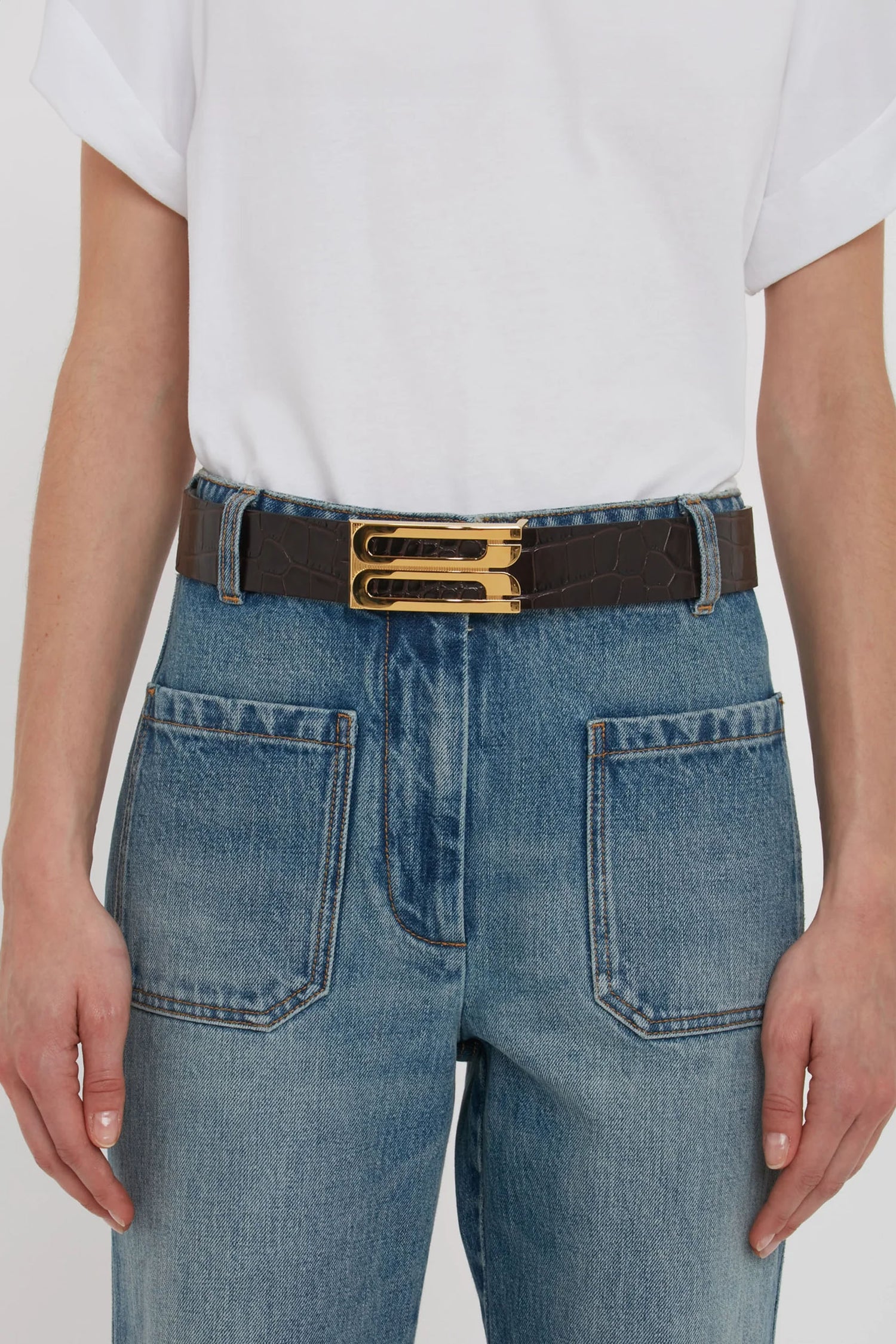 Jumbo Dorian Belt In Espresso Croc Embossed Calf Leather