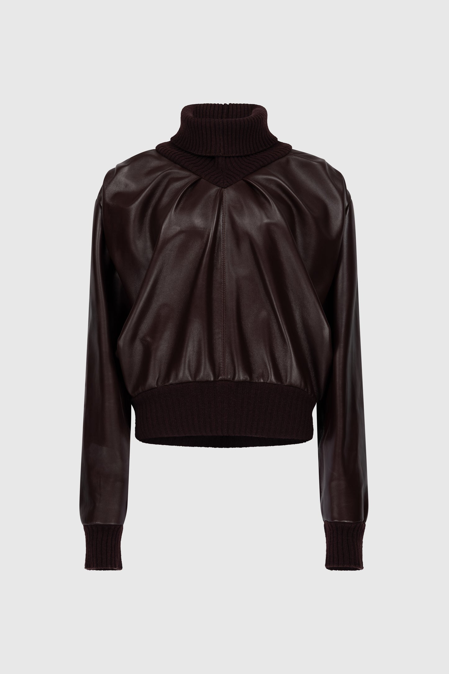 Knitted Collar Leather Top In Burgundy