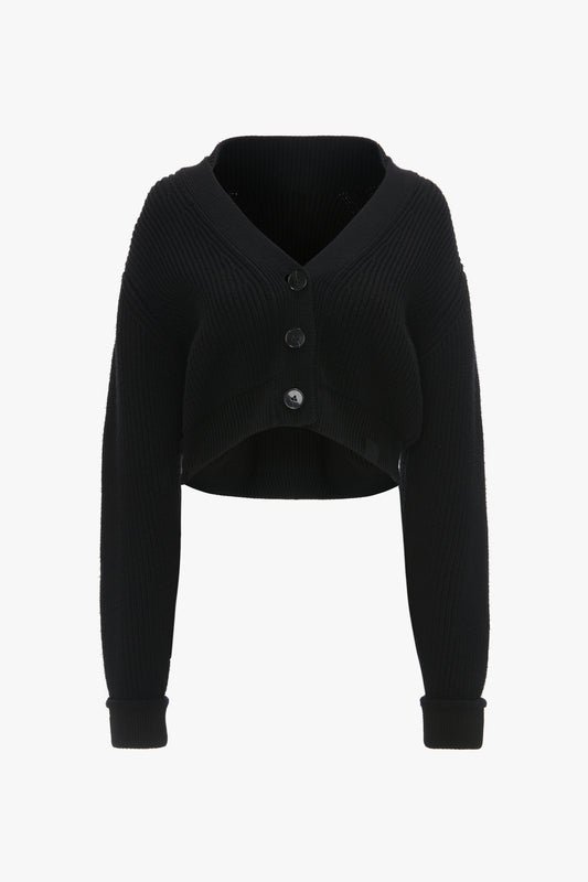 Black Victoria Beckham cropped v-neck cardigan with a ribbed knit texture and front button closure, displayed on a plain white background.